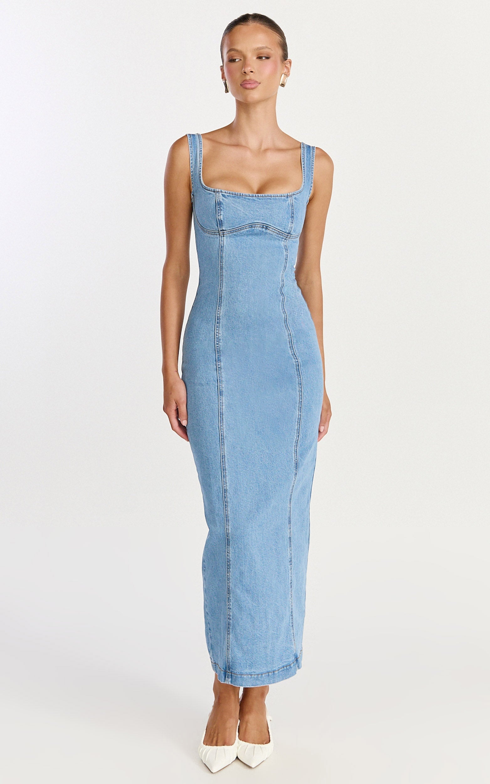 Kristie Midi Elbise - Açık Orta Mavi Geniş Yaka Korse Detaylı Denim Elbise