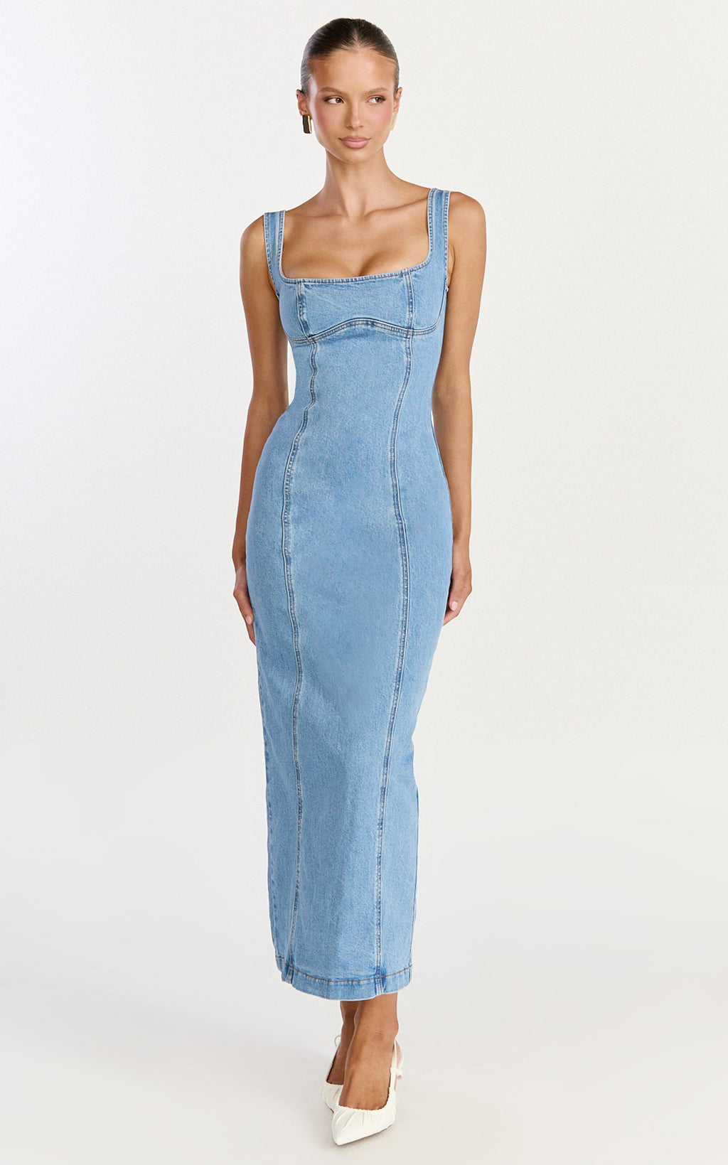 Kristie Midi Elbise - Açık Orta Mavi Geniş Yaka Korse Detaylı Denim Elbise