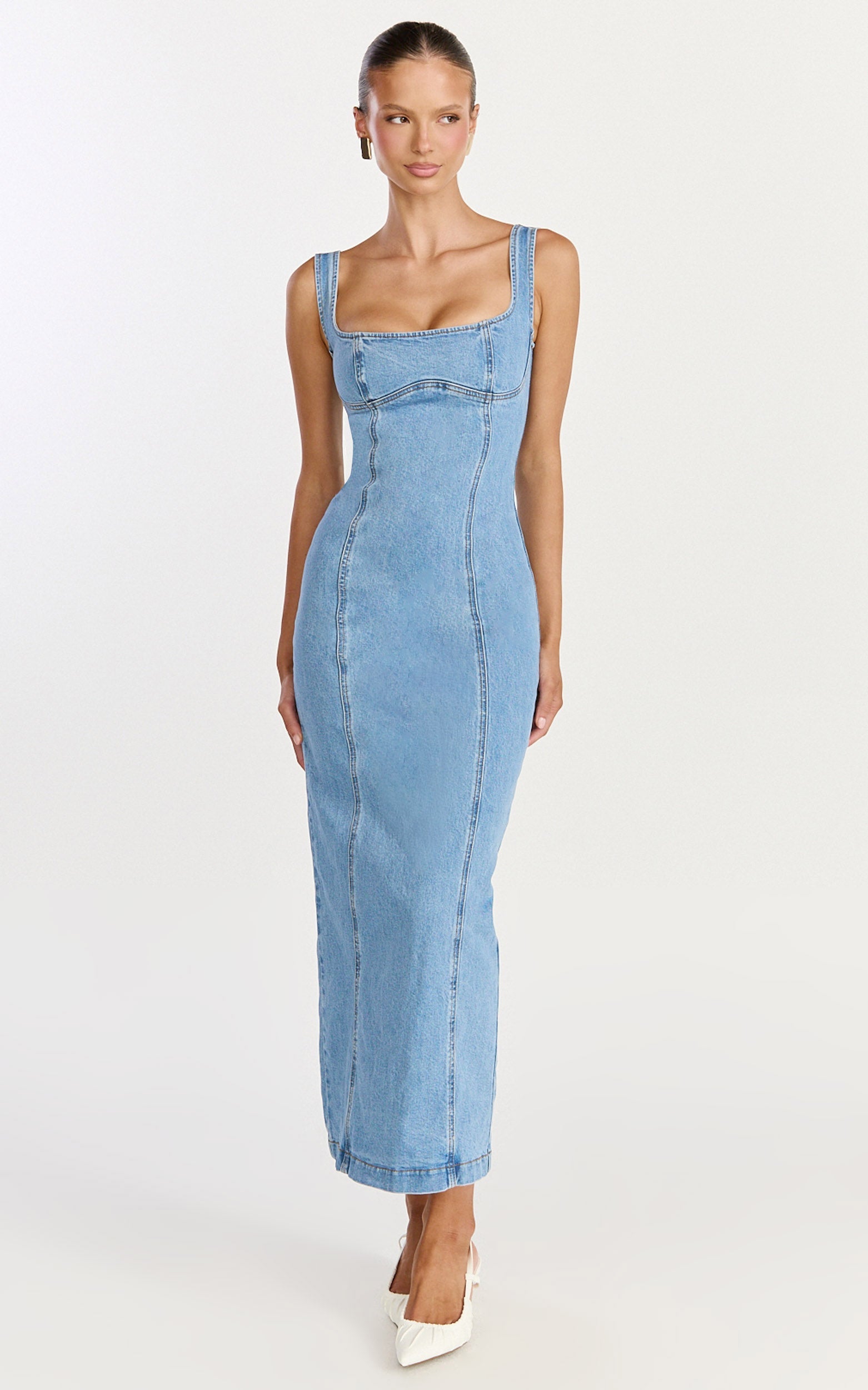 Kristie Midi Elbise - Açık Orta Mavi Geniş Yaka Korse Detaylı Denim Elbise