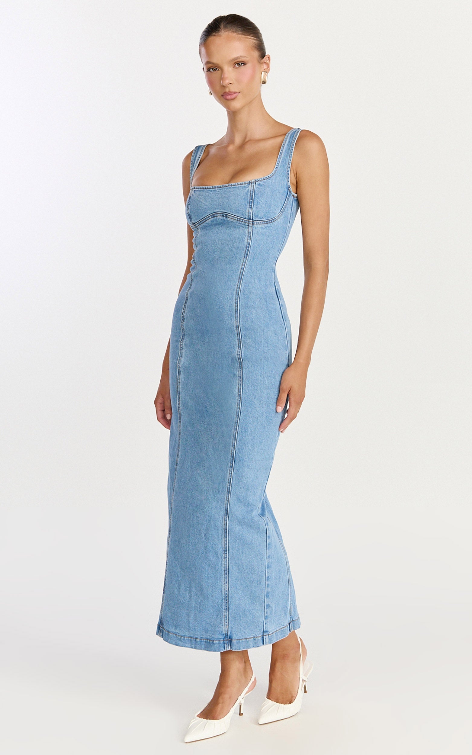 Kristie Midi Elbise - Açık Orta Mavi Geniş Yaka Korse Detaylı Denim Elbise