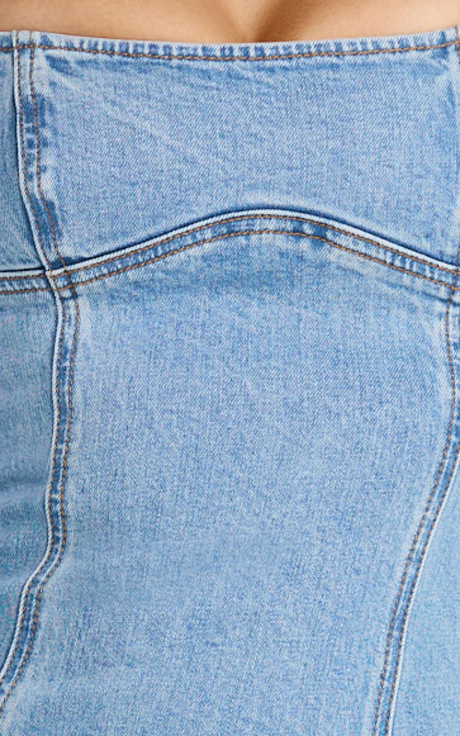 Kristie Midi Elbise - Açık Orta Mavi Geniş Yaka Korse Detaylı Denim Elbise
