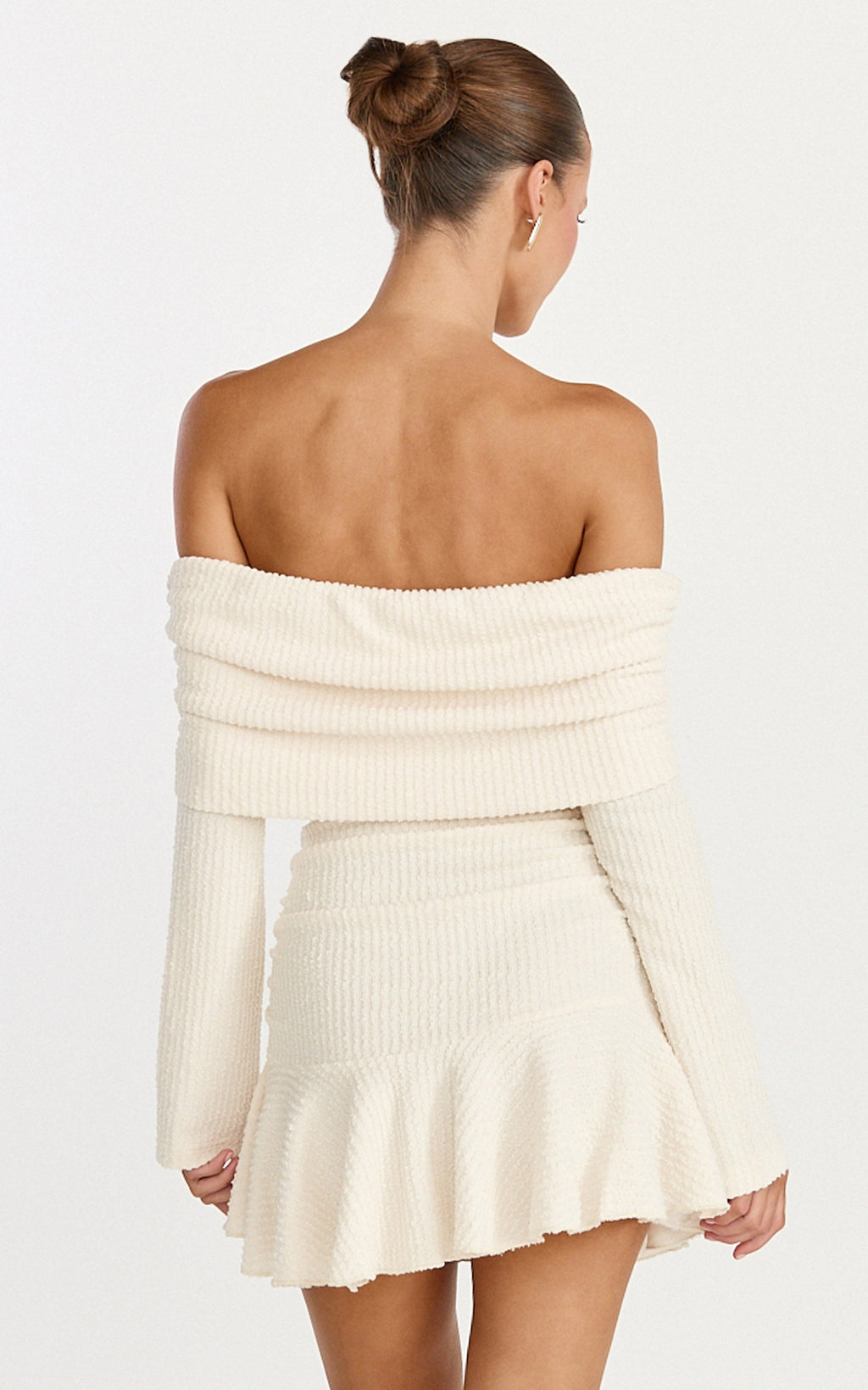 Maeve Mini Elbise - Krem Omuzları Açık Uzun Kollu Fit & Flare Elbise