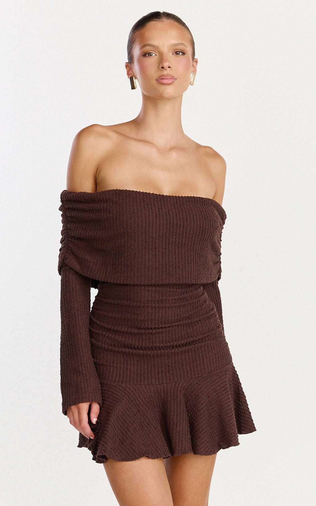 Maeve Mini Elbise - Çikolata Omuzları Açık Uzun Kollu Fit & Flare Elbise