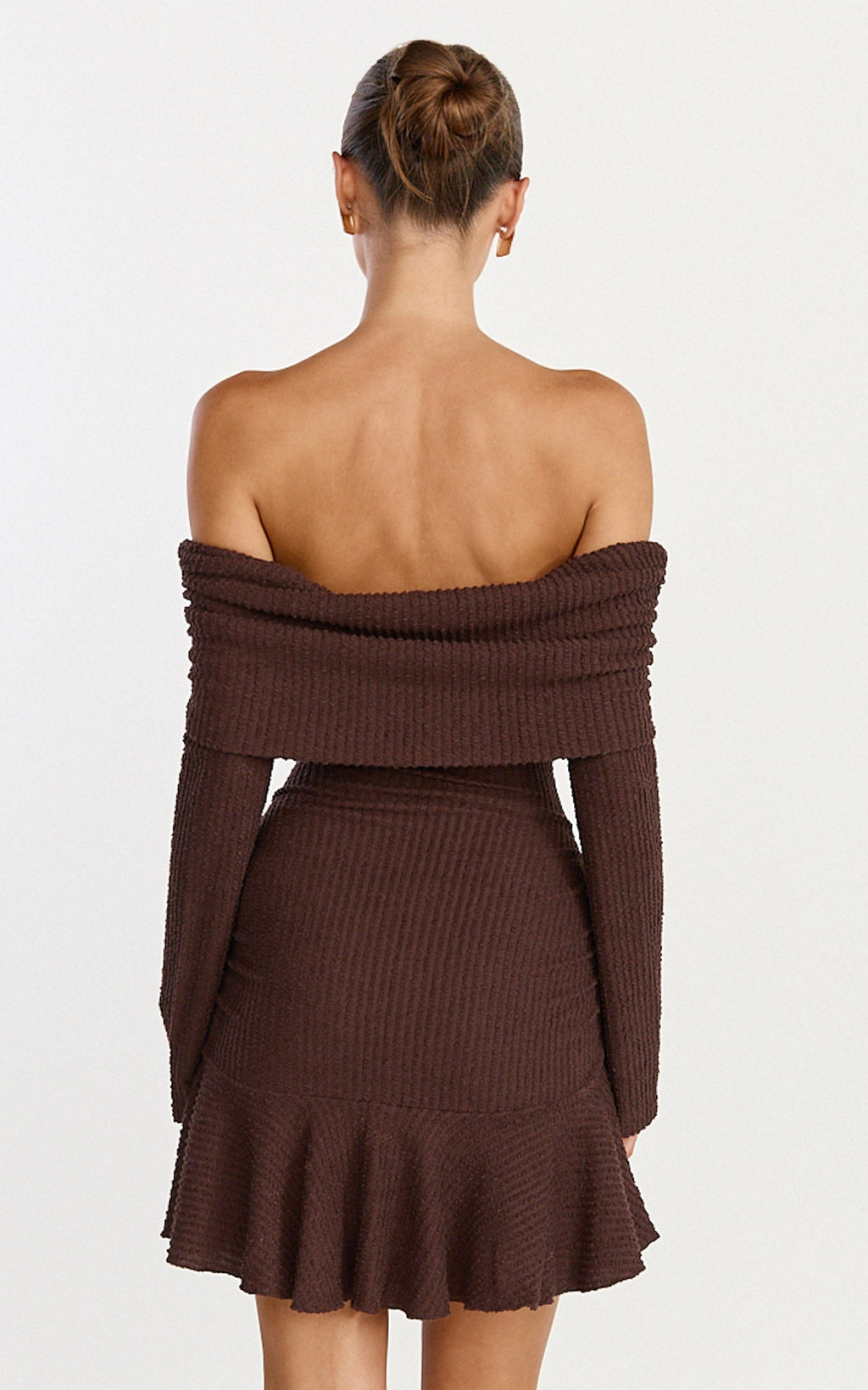 Maeve Mini Elbise - Çikolata Omuzları Açık Uzun Kollu Fit & Flare Elbise
