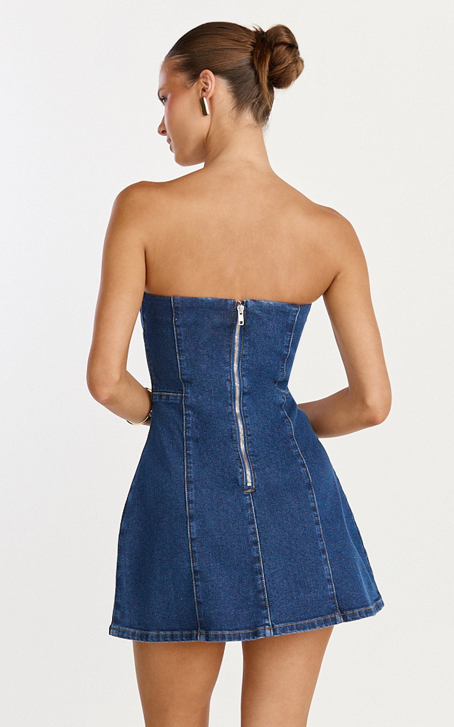 Mirabel Mini Elbise - Koyu Orta Mavi Yıkamalı Straplez A Kesim Denim Elbise