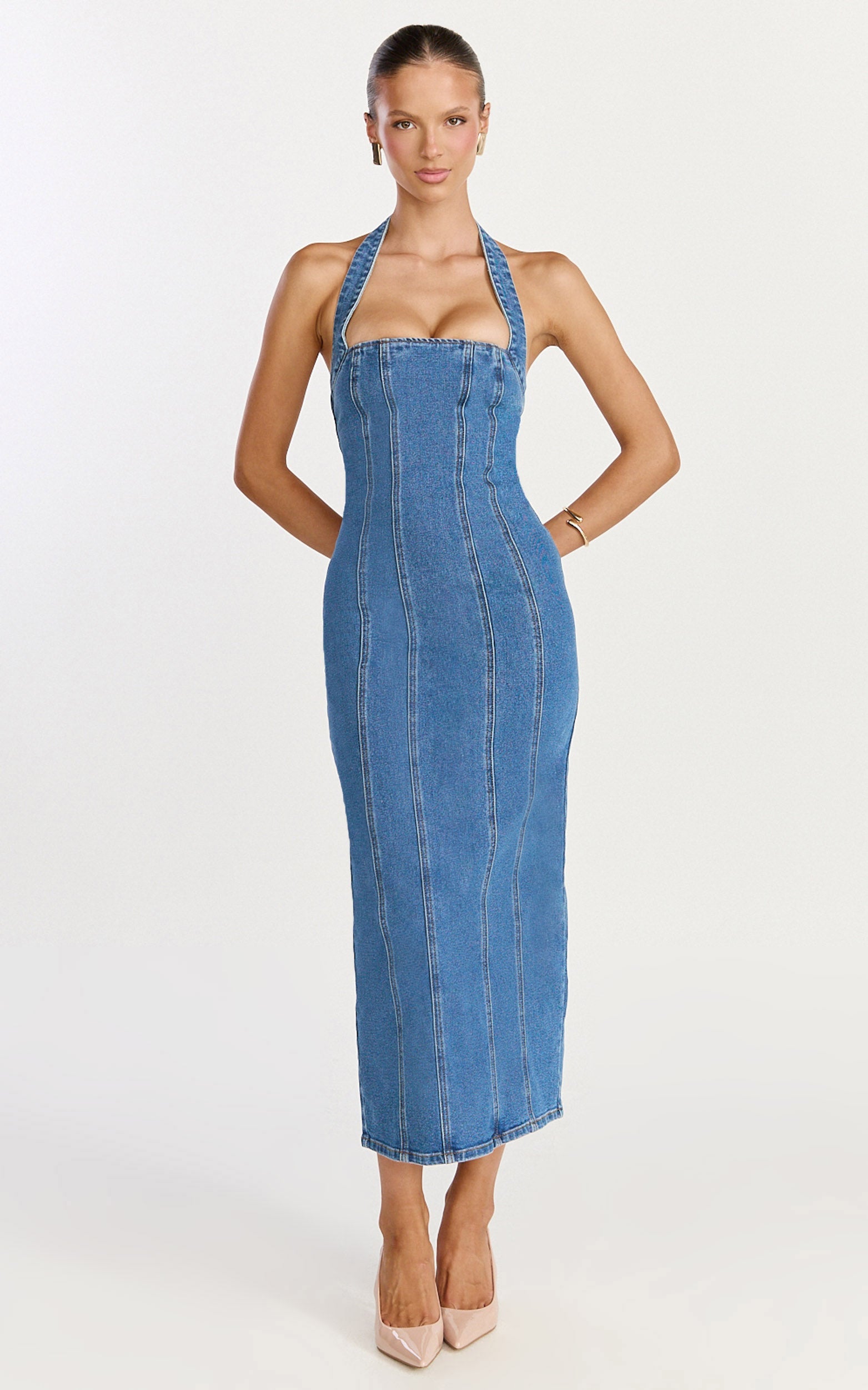 Skye Midi Elbise - Orta Mavi Yıkamalı Boyundan Bağlamalı Panelli Denim Elbise