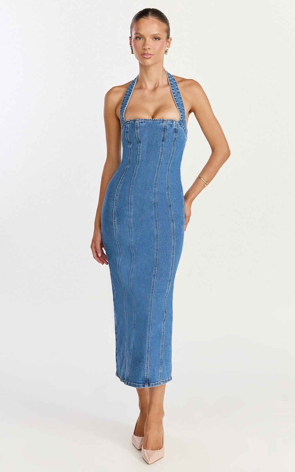 Skye Midi Elbise - Orta Mavi Yıkamalı Boyundan Bağlamalı Panelli Denim Elbise