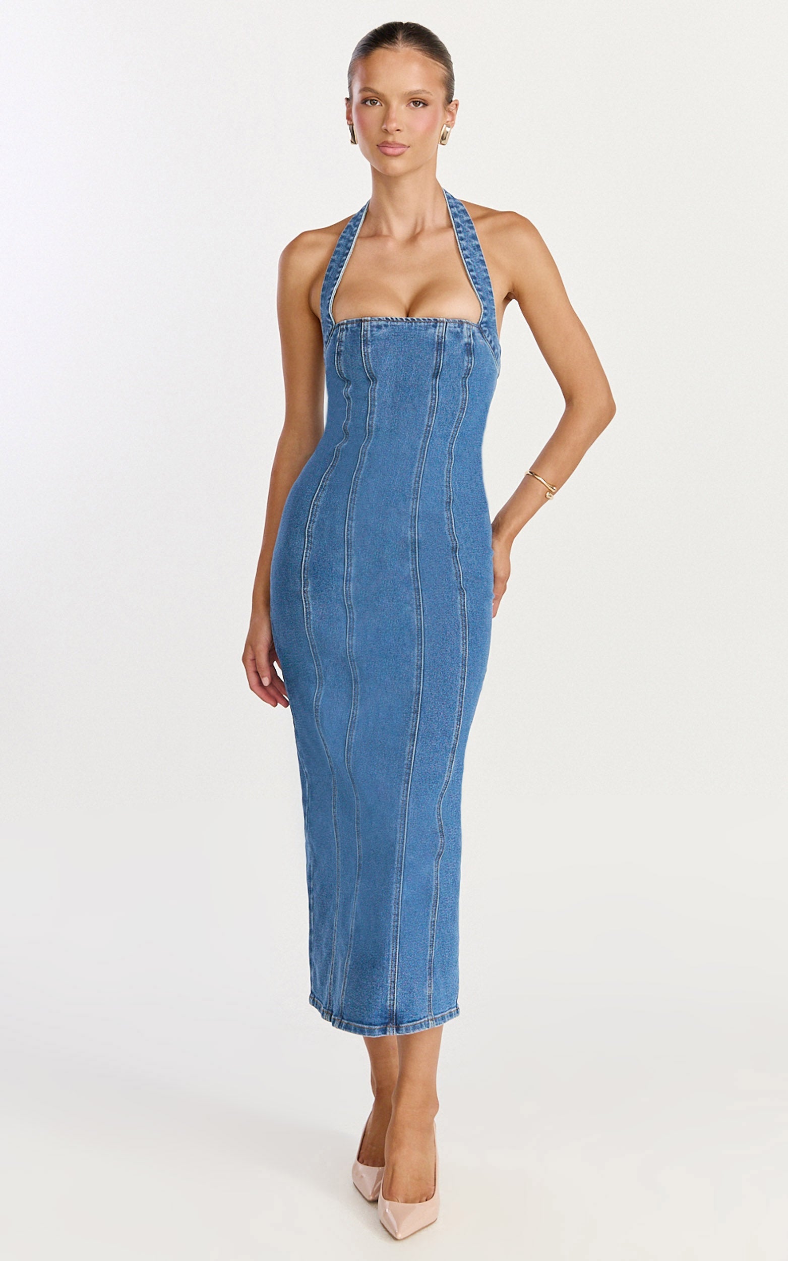 Skye Midi Elbise - Orta Mavi Yıkamalı Boyundan Bağlamalı Panelli Denim Elbise