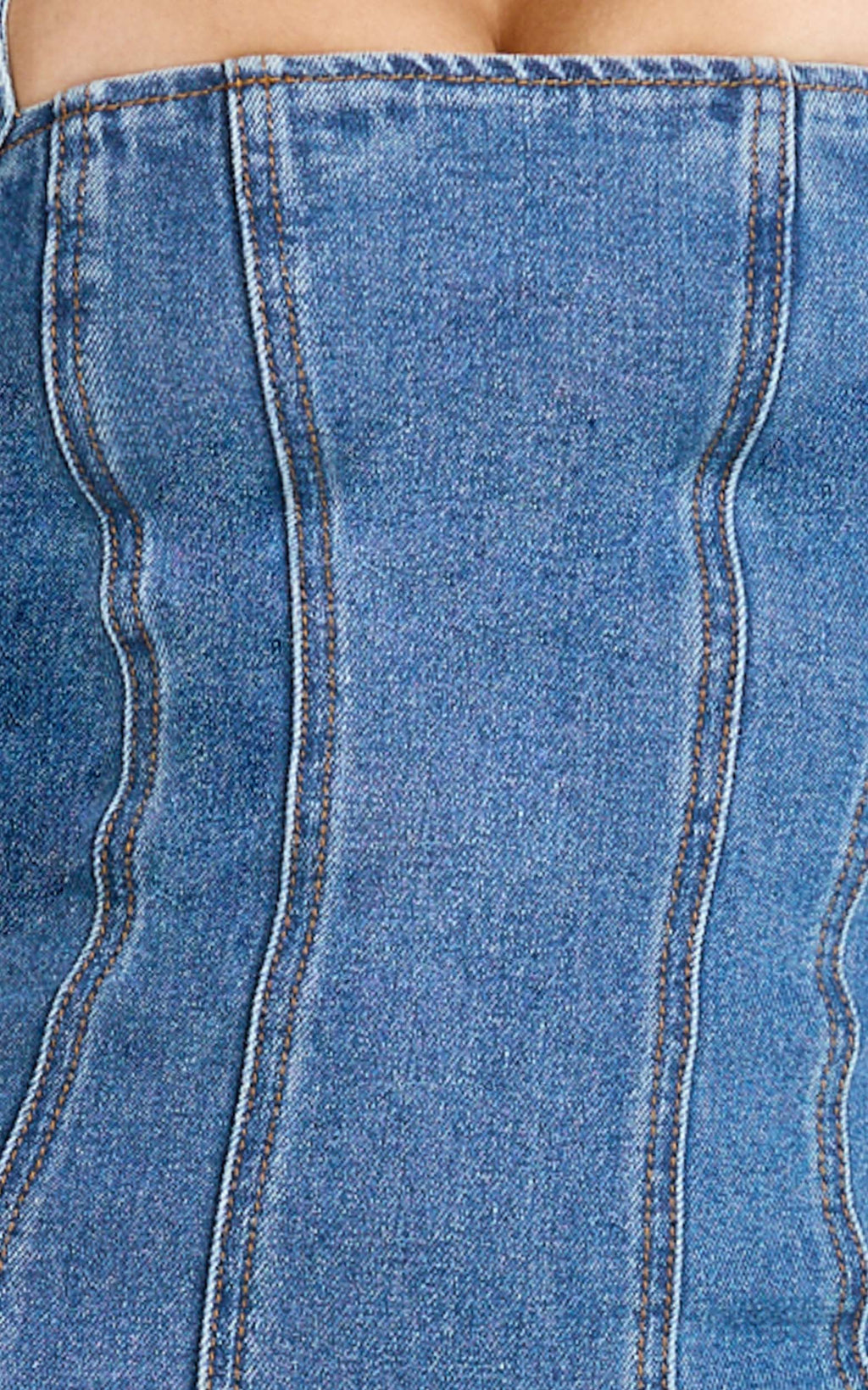 Skye Midi Elbise - Orta Mavi Yıkamalı Boyundan Bağlamalı Panelli Denim Elbise