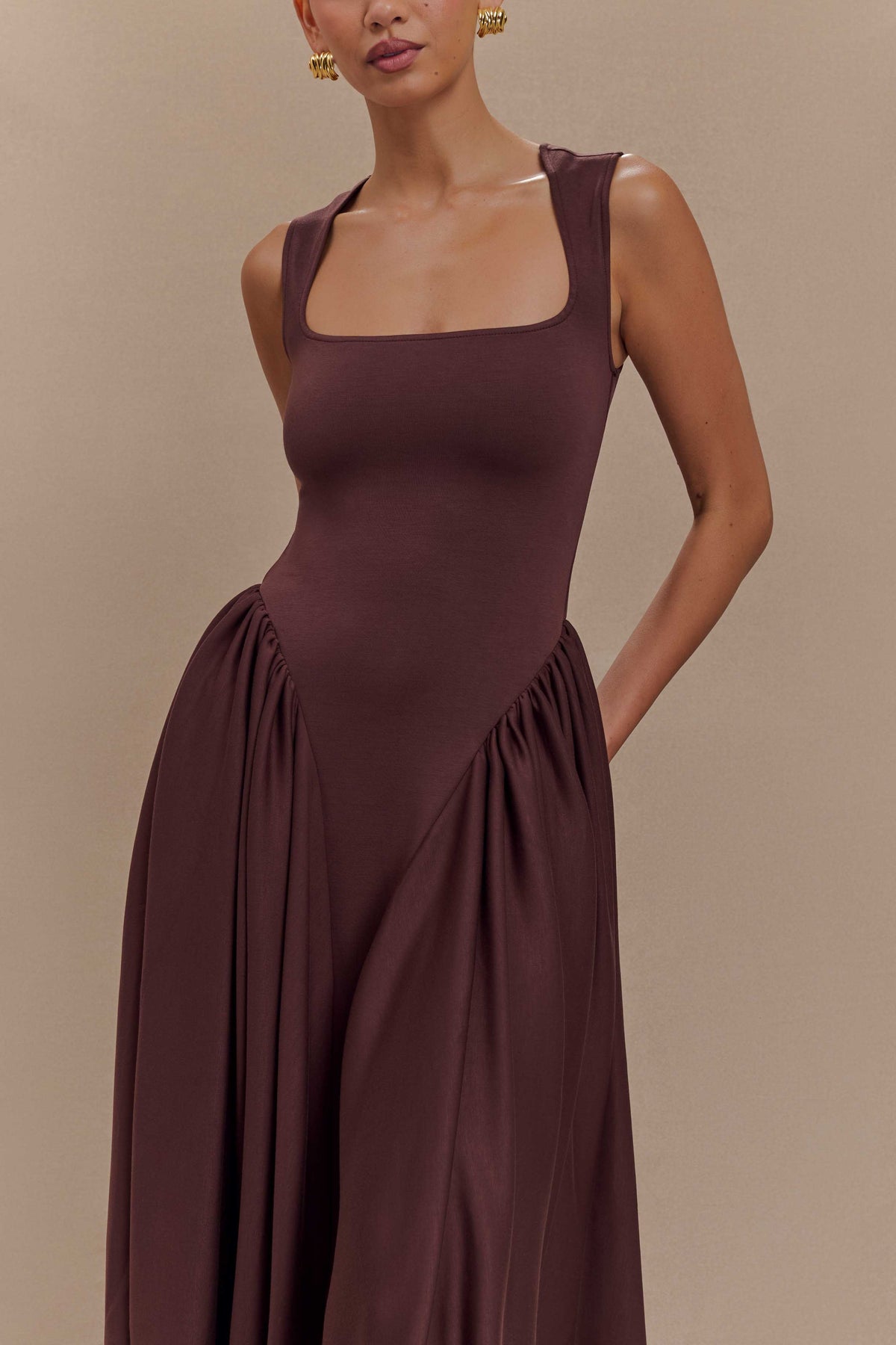 Sharon Scuba Jersey Midi Elbise - Kakao Kahverengi