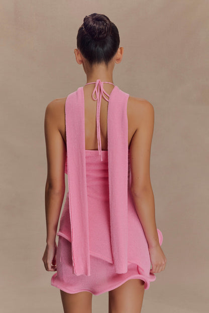 Caprice Halter Örgü Mini Elbise - Sakız Pembesi