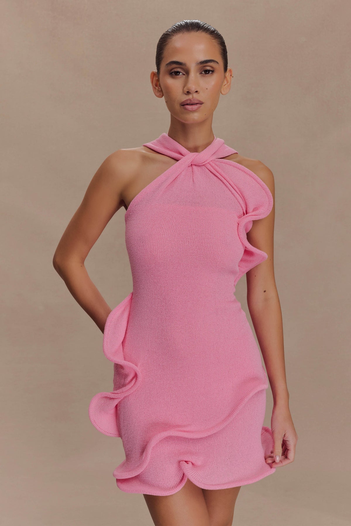 Caprice Halter Örgü Mini Elbise - Sakız Pembesi