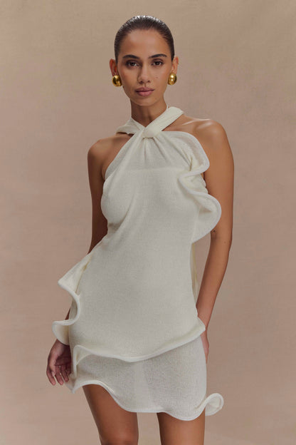 Caprice Halter Örgü Mini Elbise - Beyaz