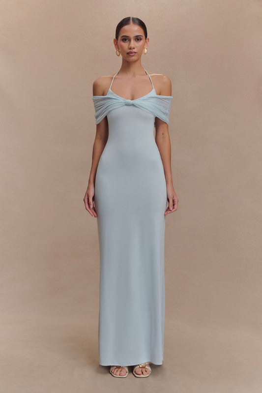 Bernadina Mesh Ve Slinky Halter Maxi Elbise - Soluk Mavi