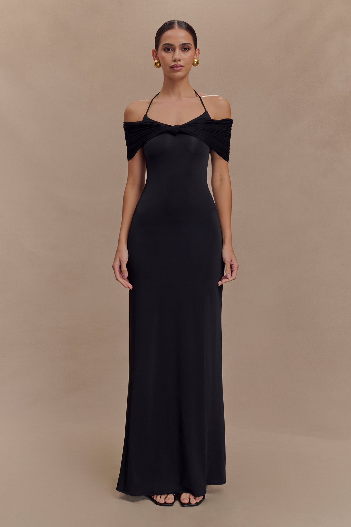 Bernadina Mesh Ve Slinky Halter Uzun Elbise - Siyah