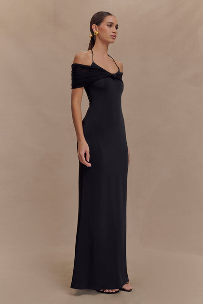 Bernadina Mesh Ve Slinky Halter Uzun Elbise - Siyah