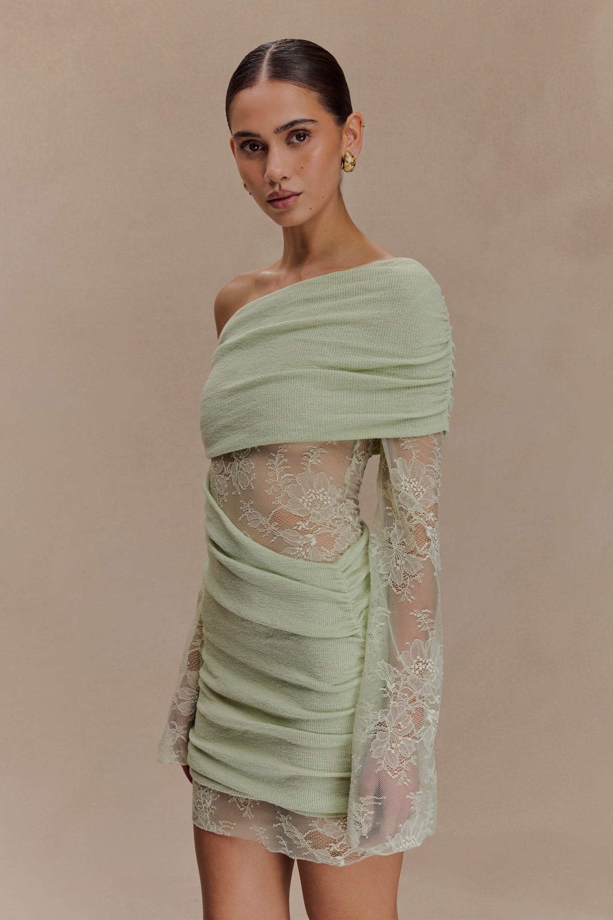 Luxie Dantel Örgü Mini Elbise - Pastel Yeşil