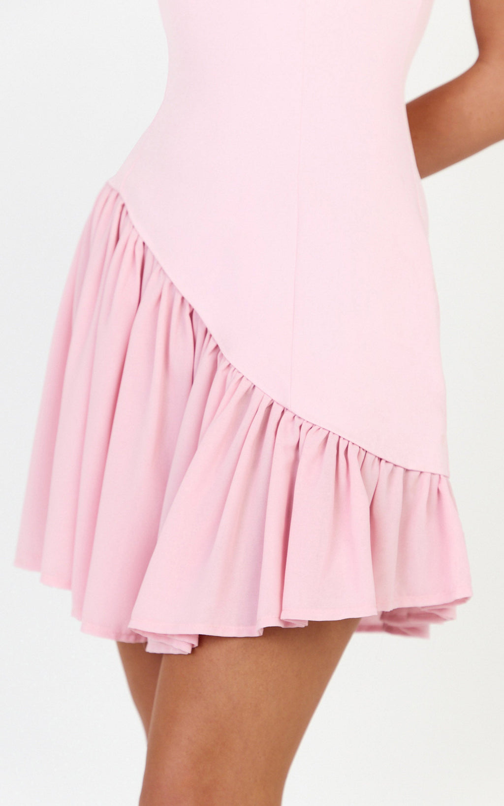 Calla Mini Elbise - Pembe Straplez Büzgülü Asimetrik Düşük Belli Elbise