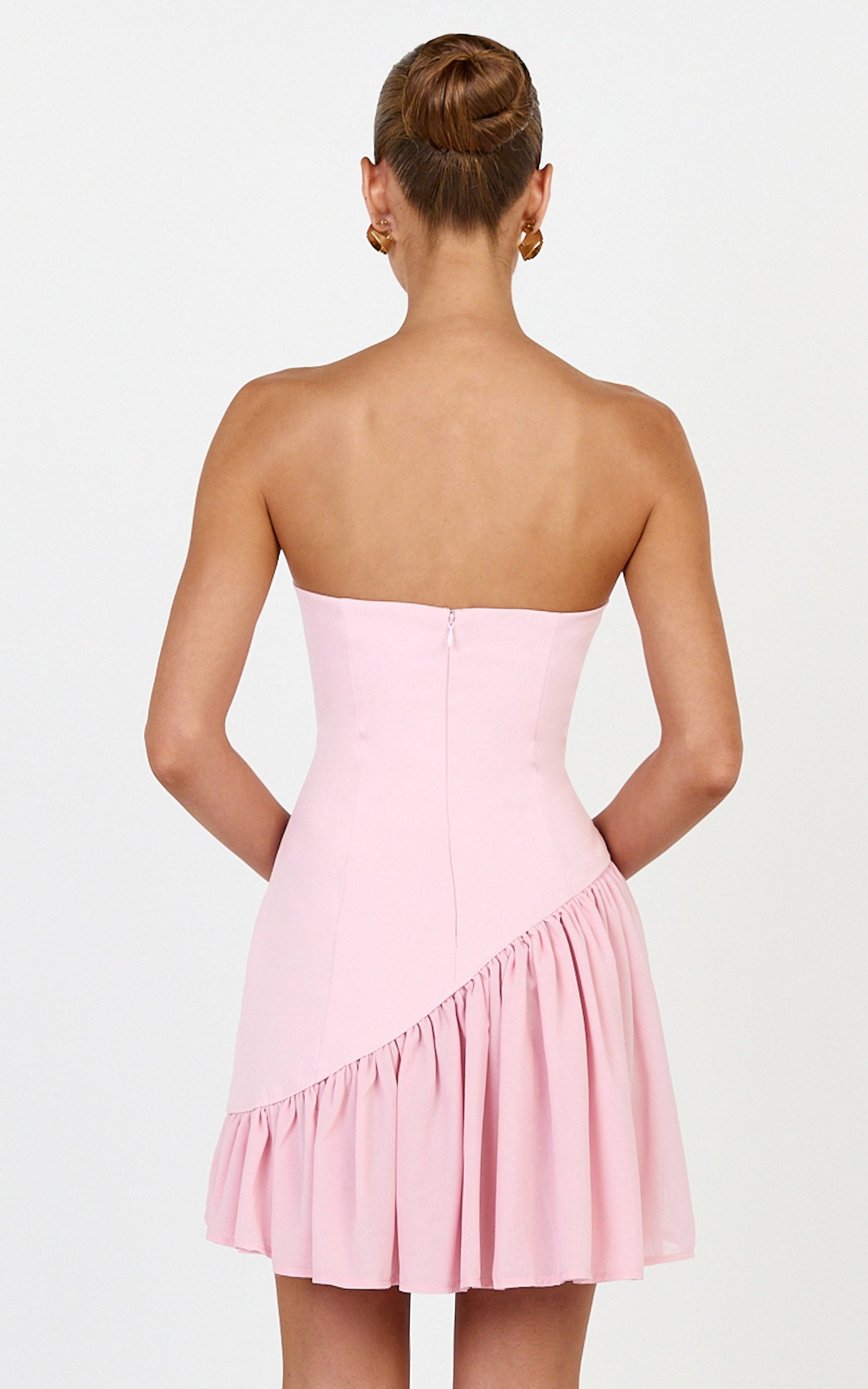 Calla Mini Elbise - Pembe Straplez Büzgülü Asimetrik Düşük Belli Elbise