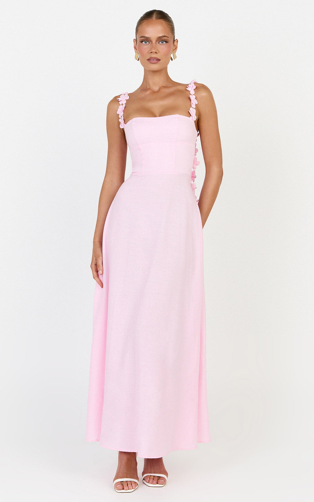 Clementine Midi Elbise - Pembe Askılı 3D Çiçekli Elbise