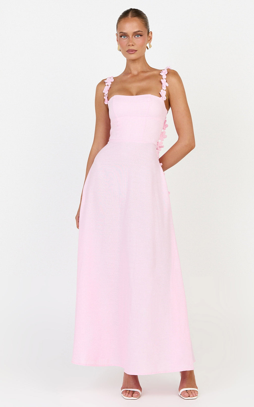 Clementine Midi Elbise - Pembe Askılı 3D Çiçekli Elbise