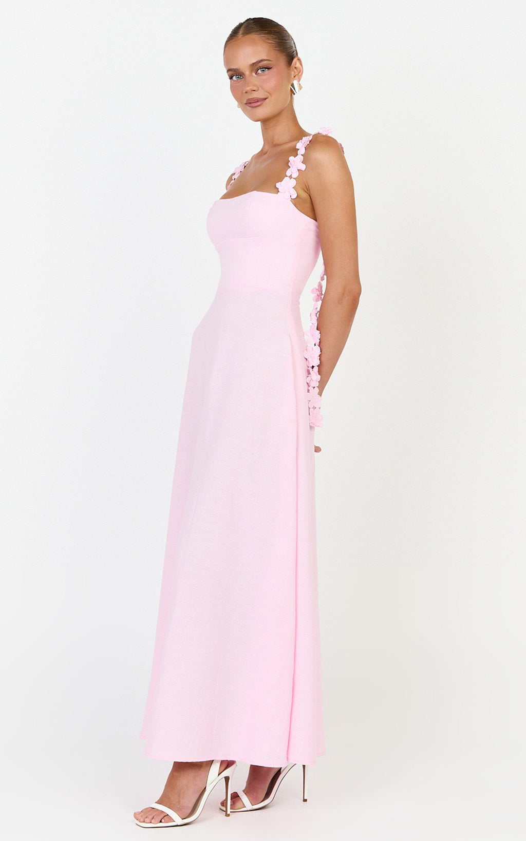 Clementine Midi Elbise - Pembe Askılı 3D Çiçekli Elbise
