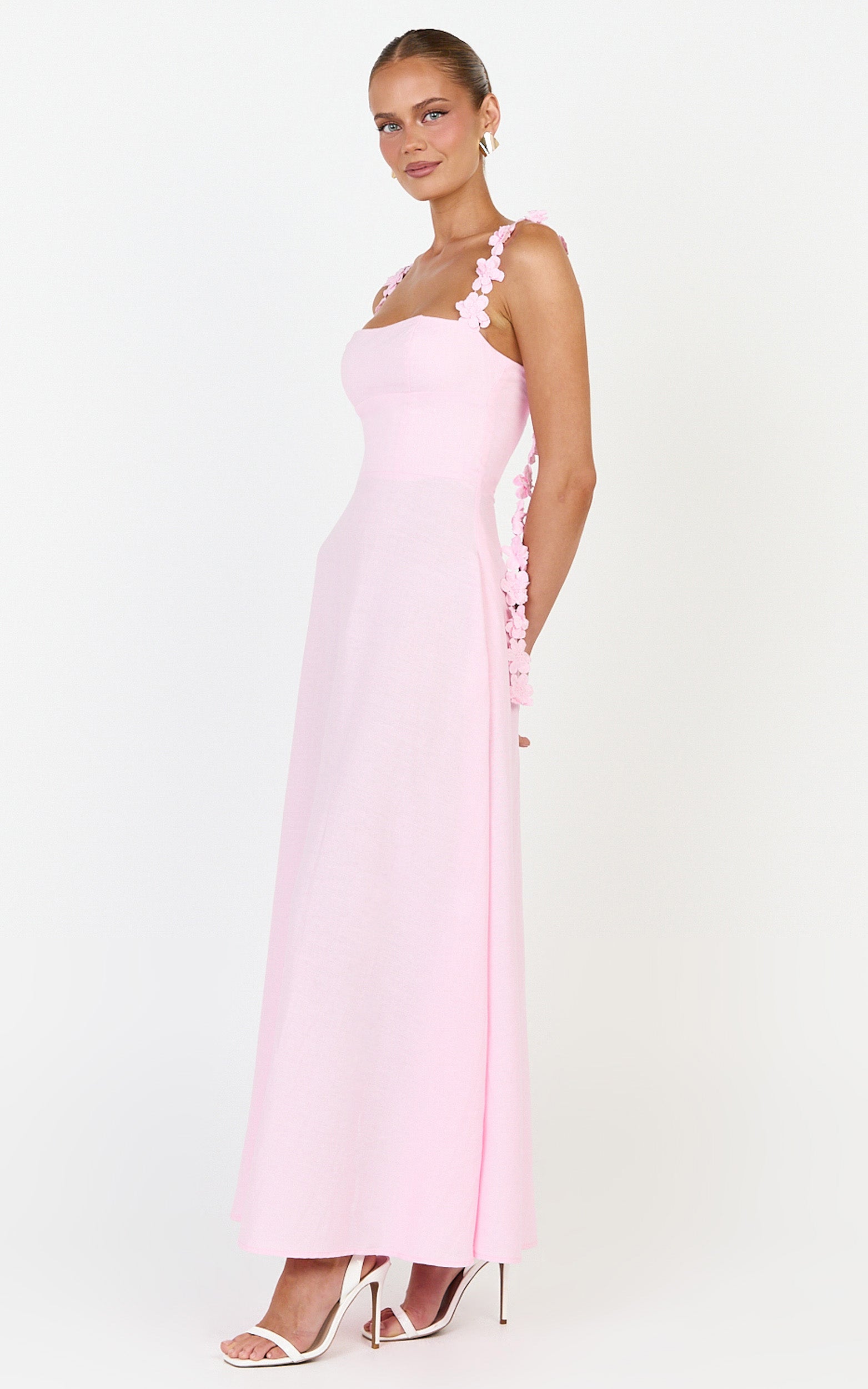 Clementine Midi Elbise - Pembe Askılı 3D Çiçekli Elbise