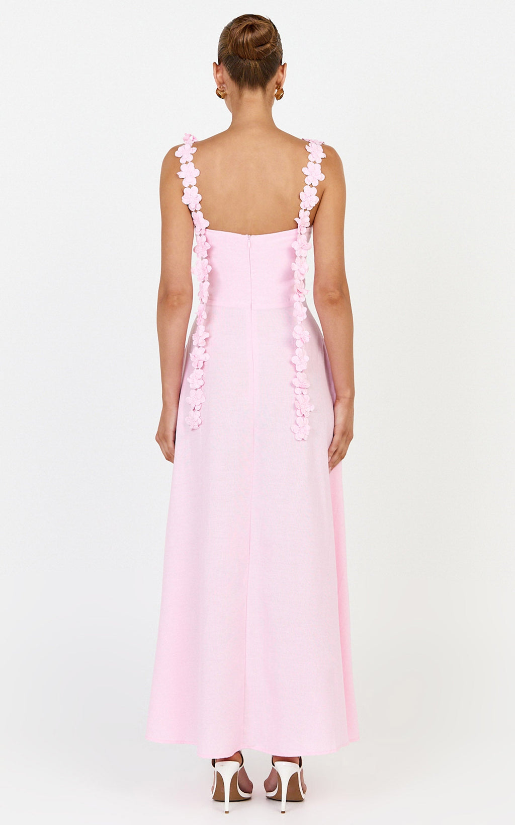 Clementine Midi Elbise - Pembe Askılı 3D Çiçekli Elbise