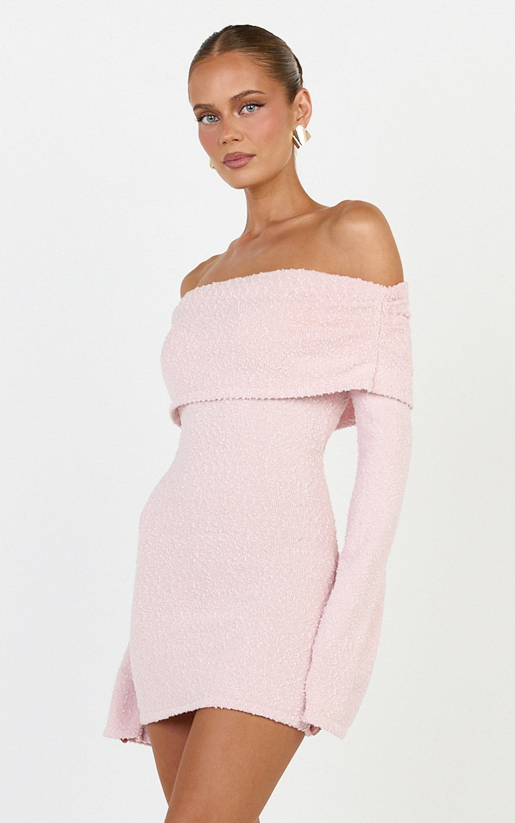 Pietra Mini Elbise - Pembe Triko Omuzları Açık Elbise