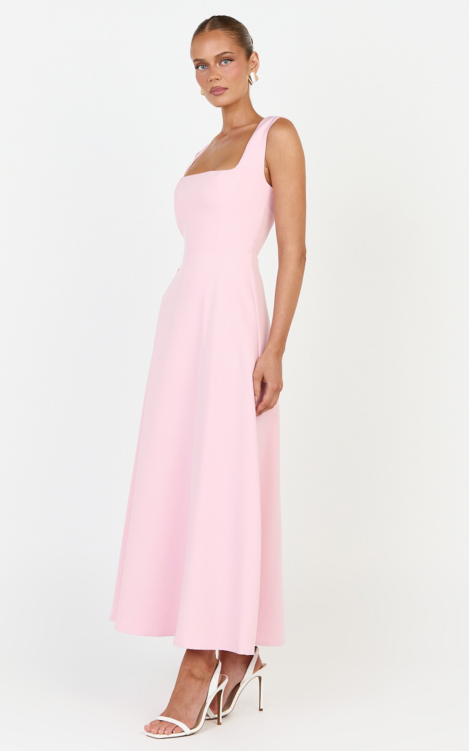 Zinnia Midi Elbise - Pembe Kare Yaka A Kesim Elbise