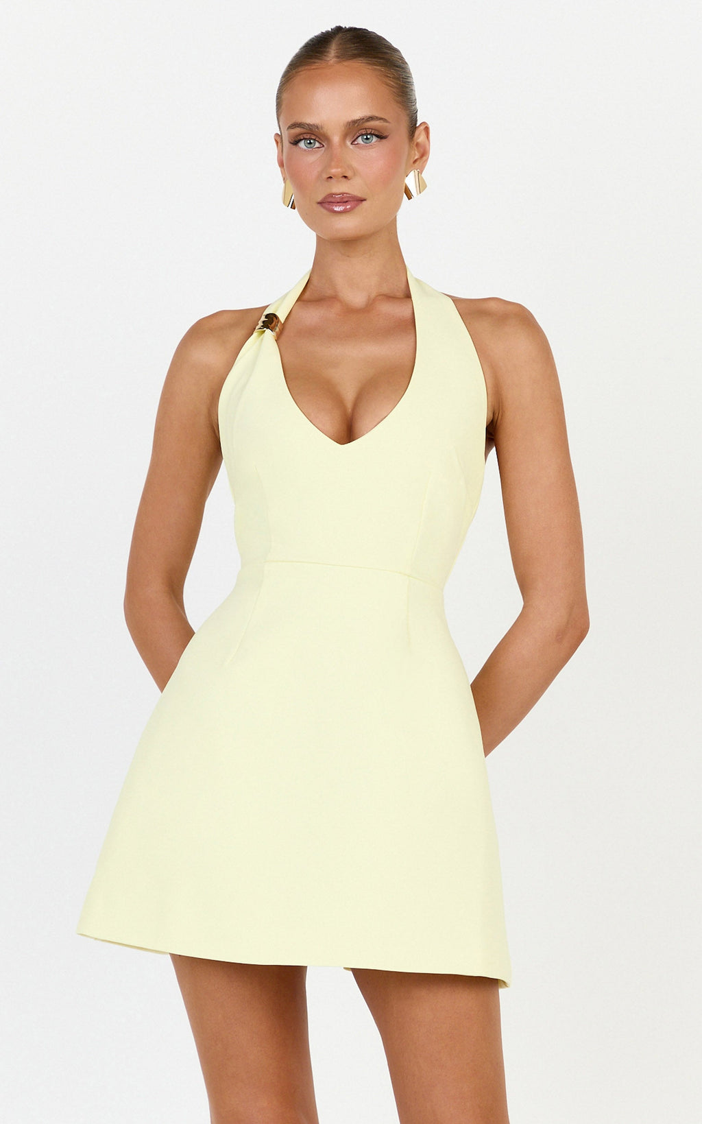 Leilani Mini Elbise - Limon Sarısı Derin Yakalı Altın Aksesuar Detaylı Fit & Flare Elbise
