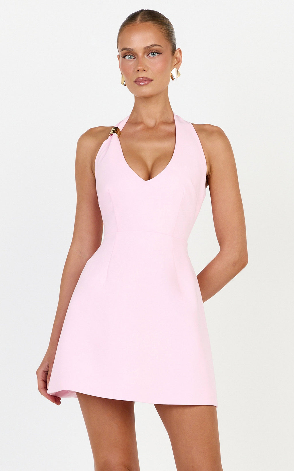 Leilani Mini Elbise - Pembe Derin Yakalı Altın Aksesuar Detaylı Fit & Flare Elbise