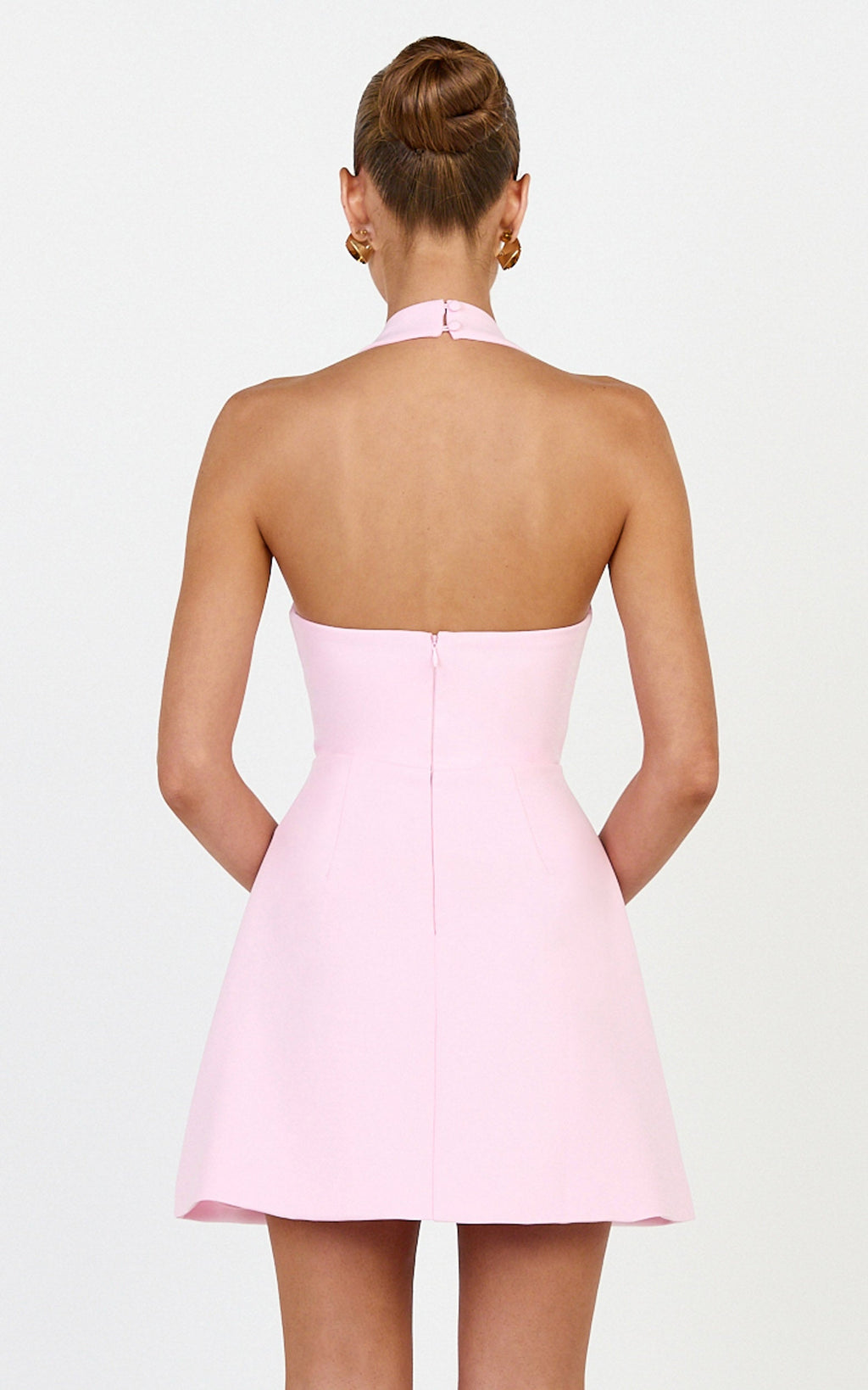 Leilani Mini Elbise - Pembe Derin Yakalı Altın Aksesuar Detaylı Fit & Flare Elbise
