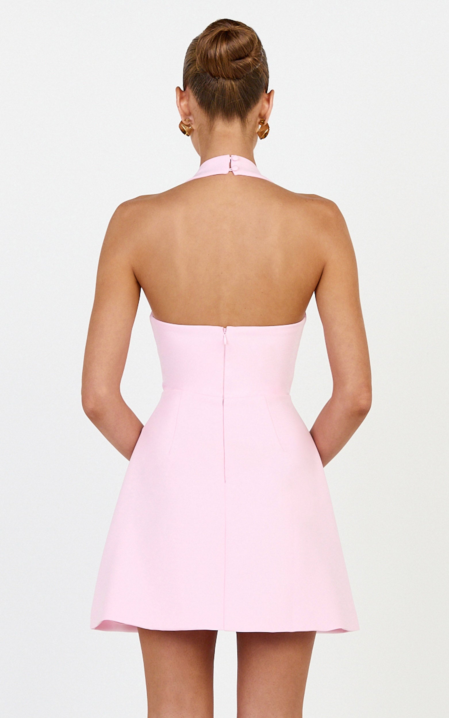 Leilani Mini Elbise - Pembe Derin Yakalı Altın Aksesuar Detaylı Fit & Flare Elbise
