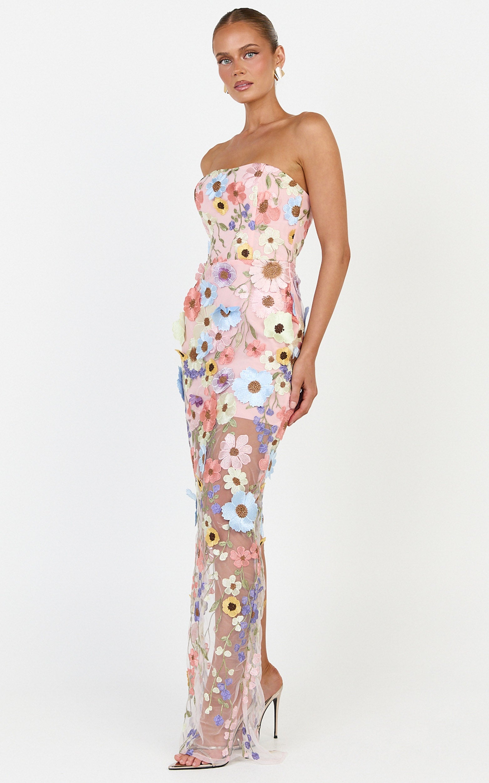 Sienna Maxi Elbise - Çok Renkli 3D Çiçekli Straplez Sütun Elbise