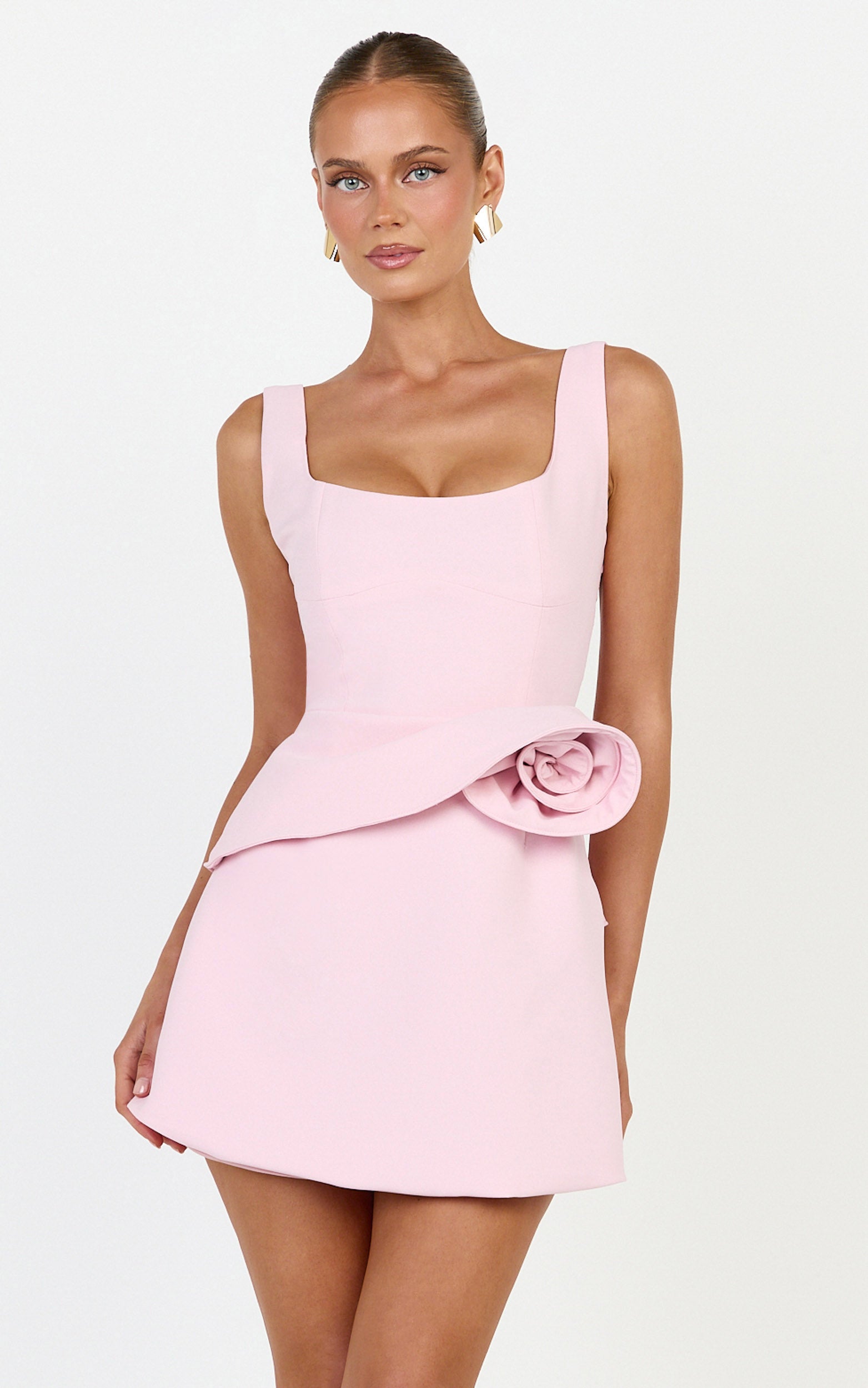 Vivienne Mini Elbise - Pembe Kare Yaka Rozet Çiçekli Peplum Elbise