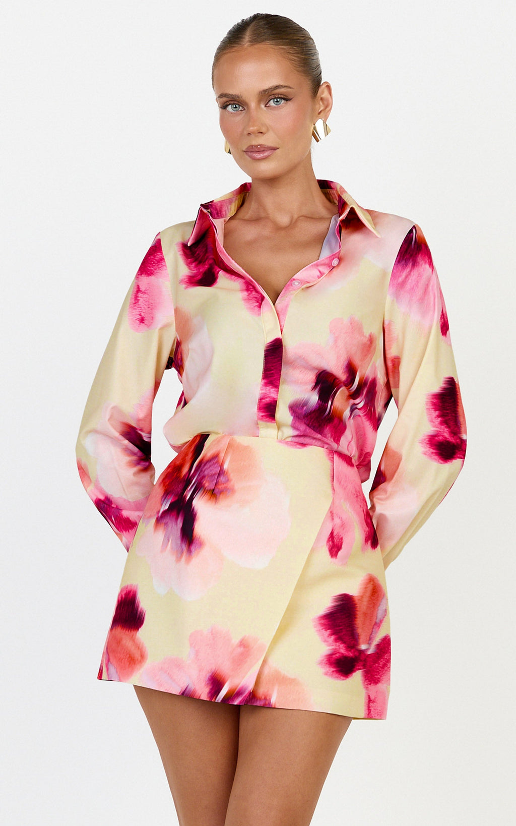 Sailor Üst - Floral Bloom Desenli Yakalı Düğmeli Uzun Kollu Üst