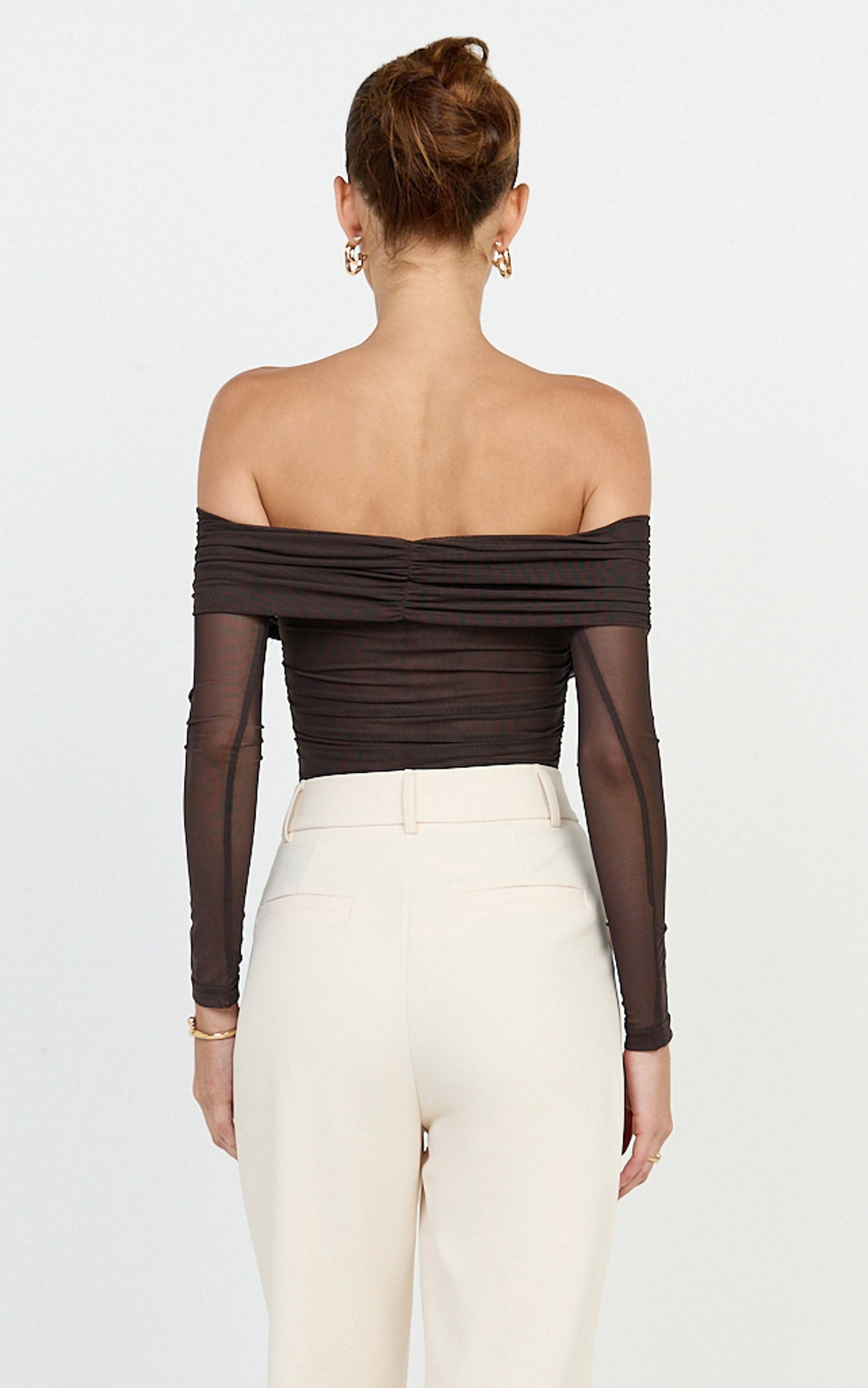 Opal Bodysuit - Çikolata Uzun Kollu Anvelop Omuzları Açık Bodysuit