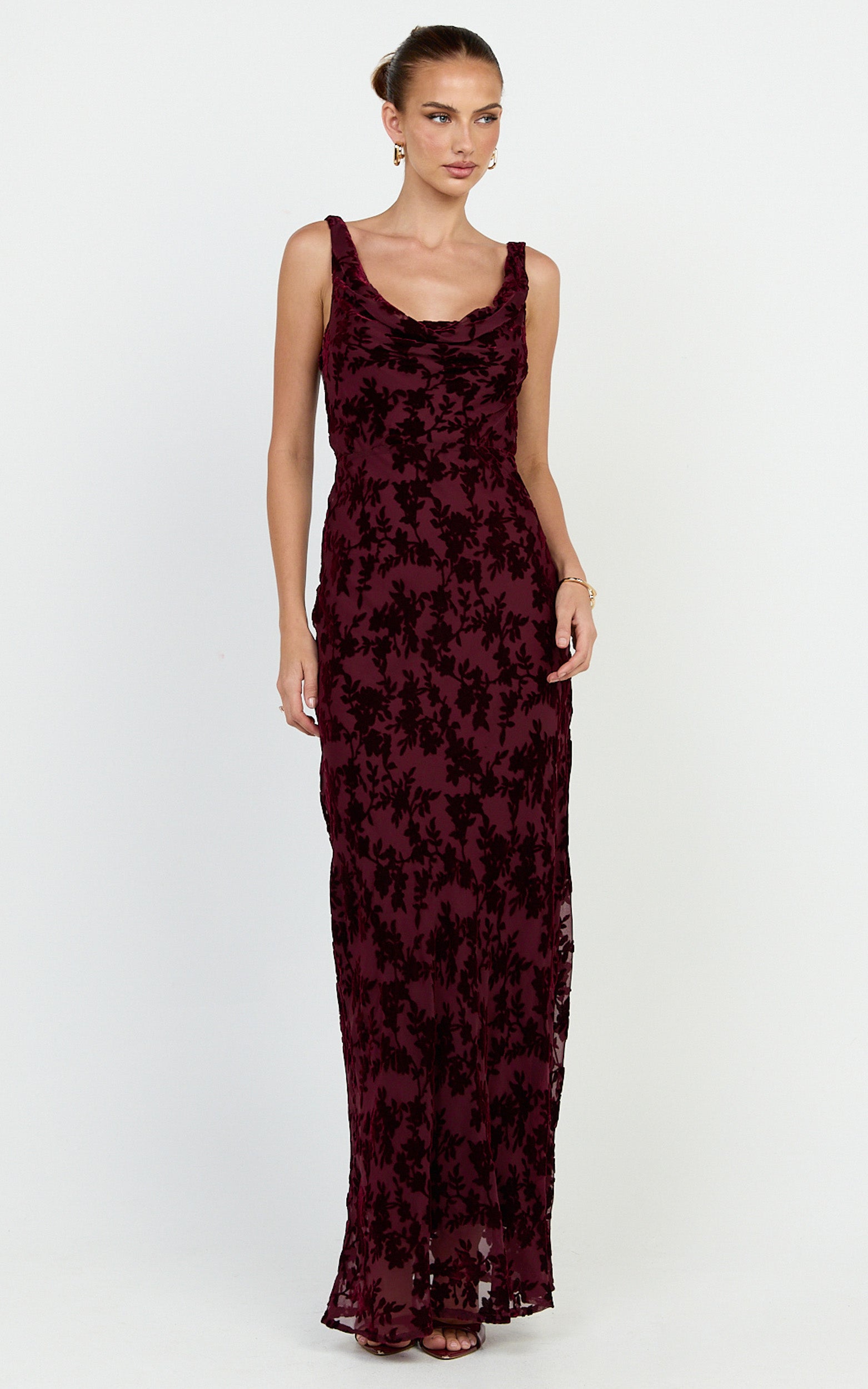June Maxi Elbise - Bordo Degaje Yaka U Sırt Slip Elbise