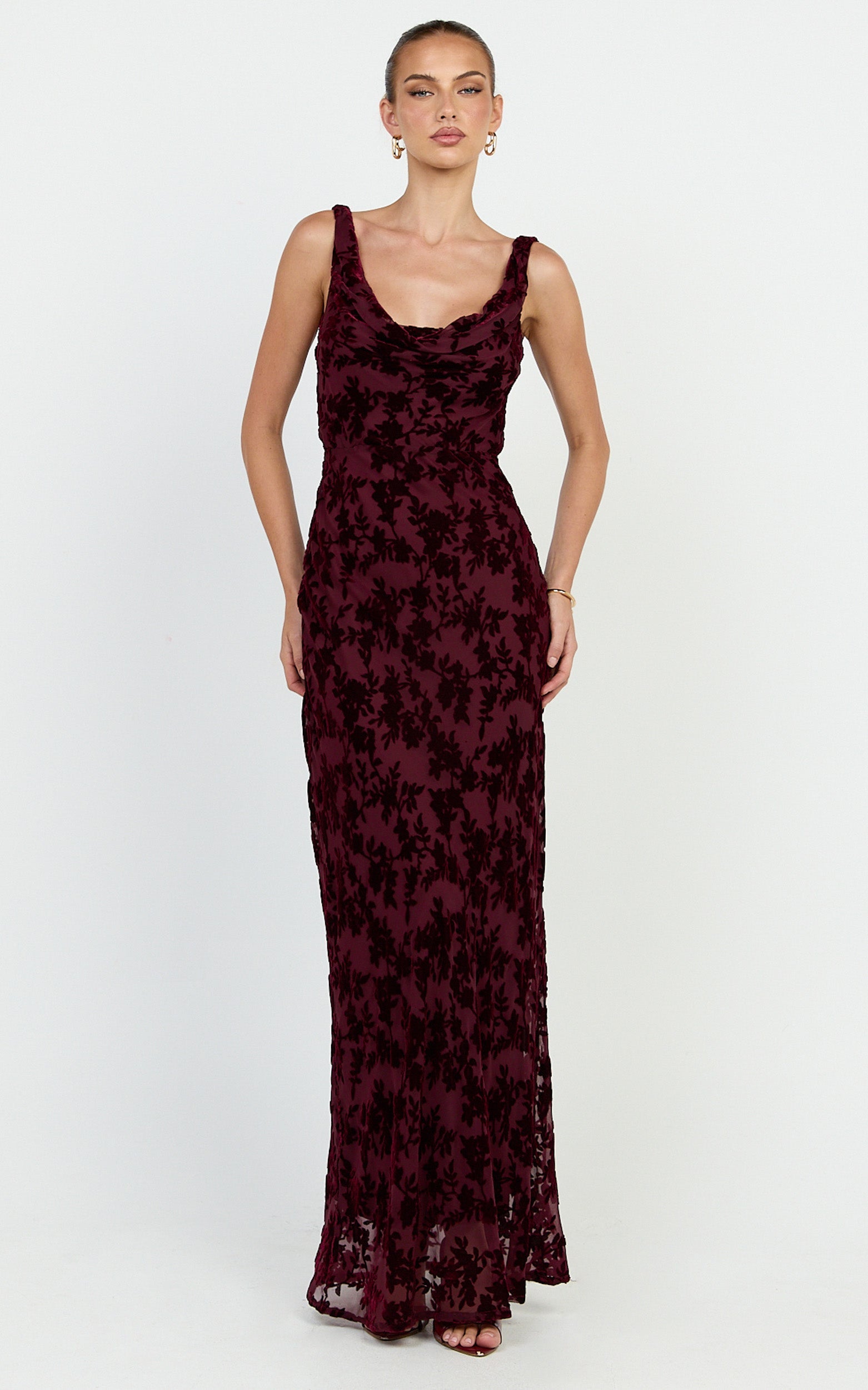 June Maxi Elbise - Bordo Degaje Yaka U Sırt Slip Elbise