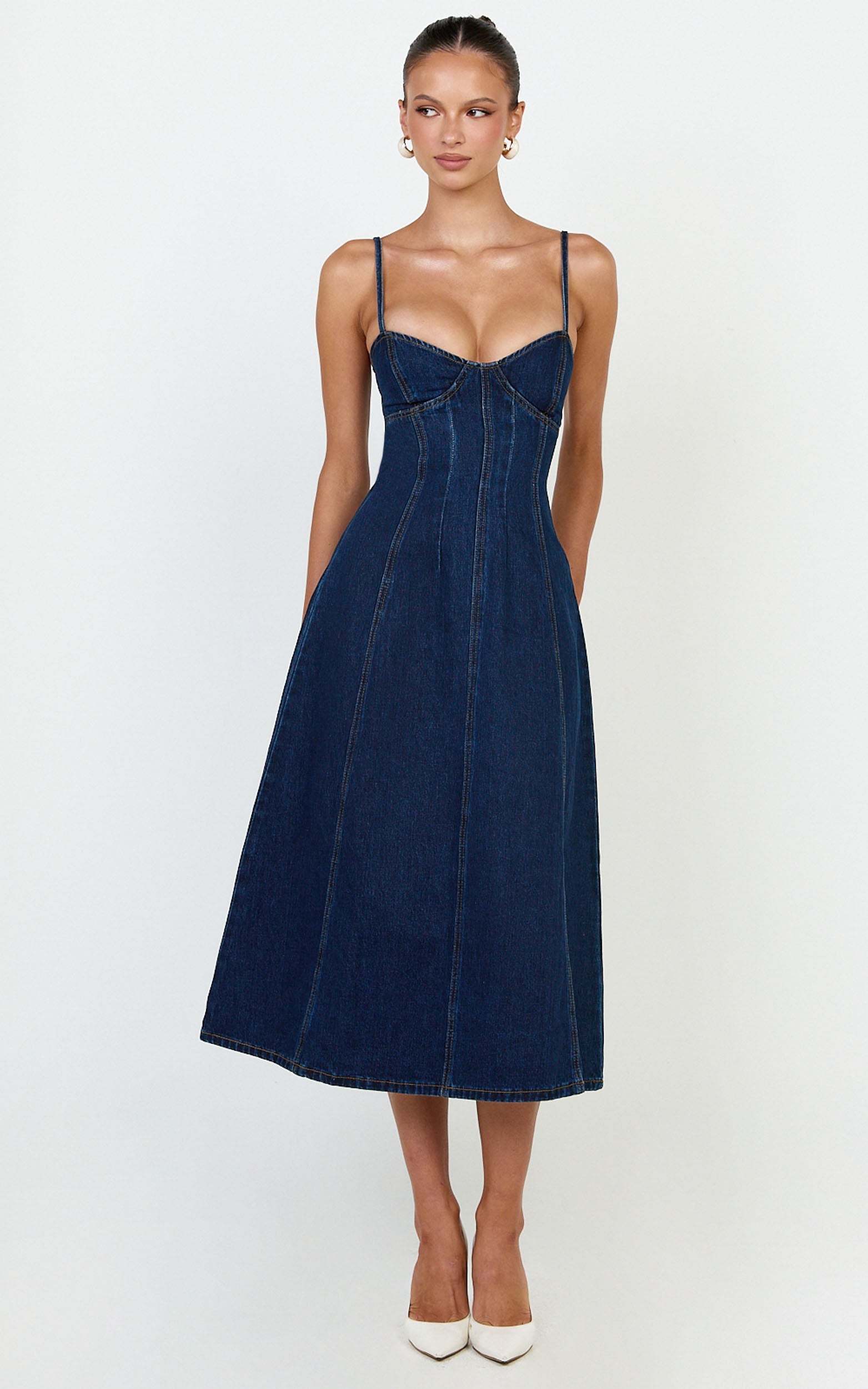 Prisha Midi Elbise - İndigo Yıkamalı Geri Dönüştürülmüş Denim Fit & Flare Elbise