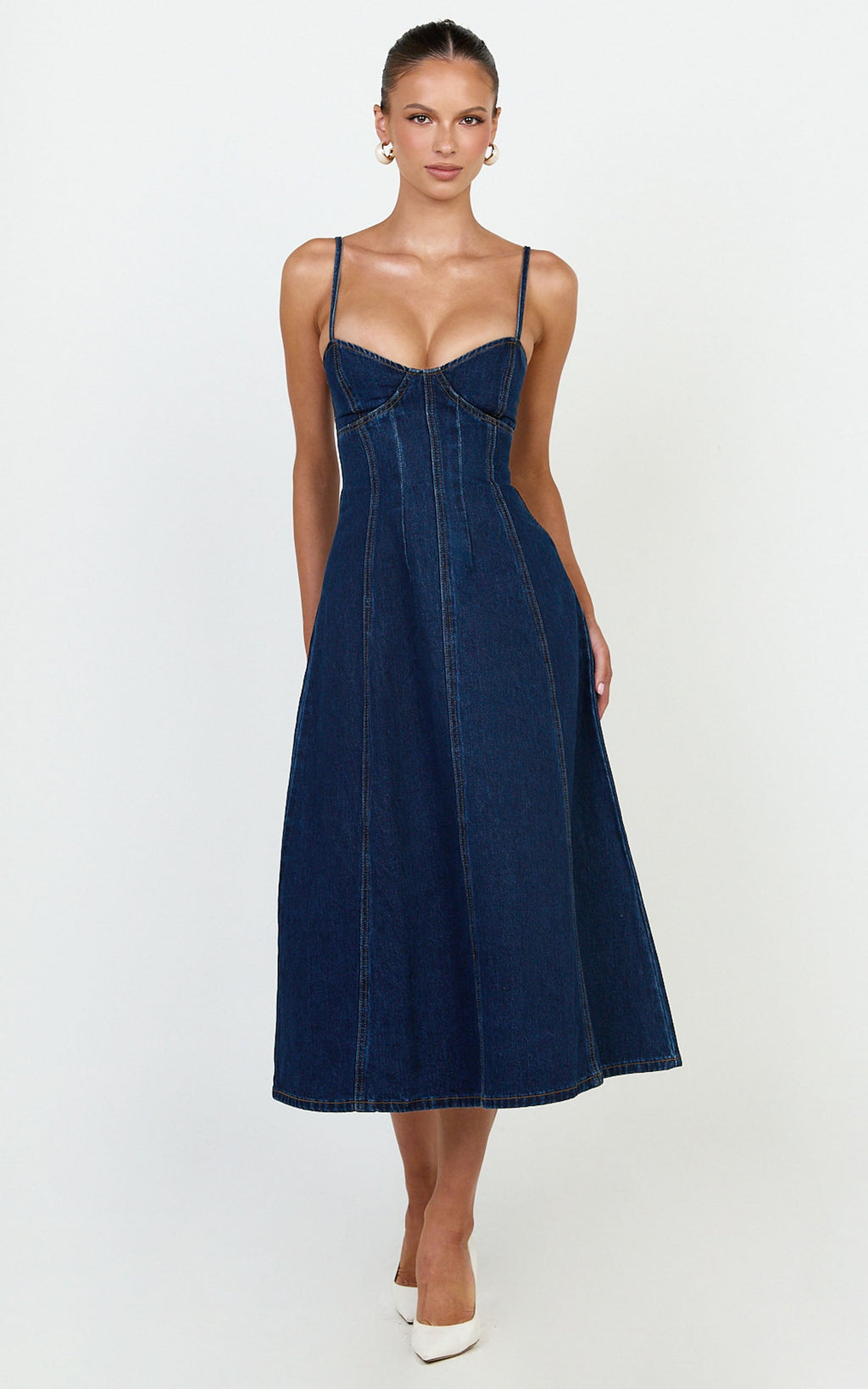 Prisha Midi Elbise - İndigo Yıkamalı Geri Dönüştürülmüş Denim Fit & Flare Elbise