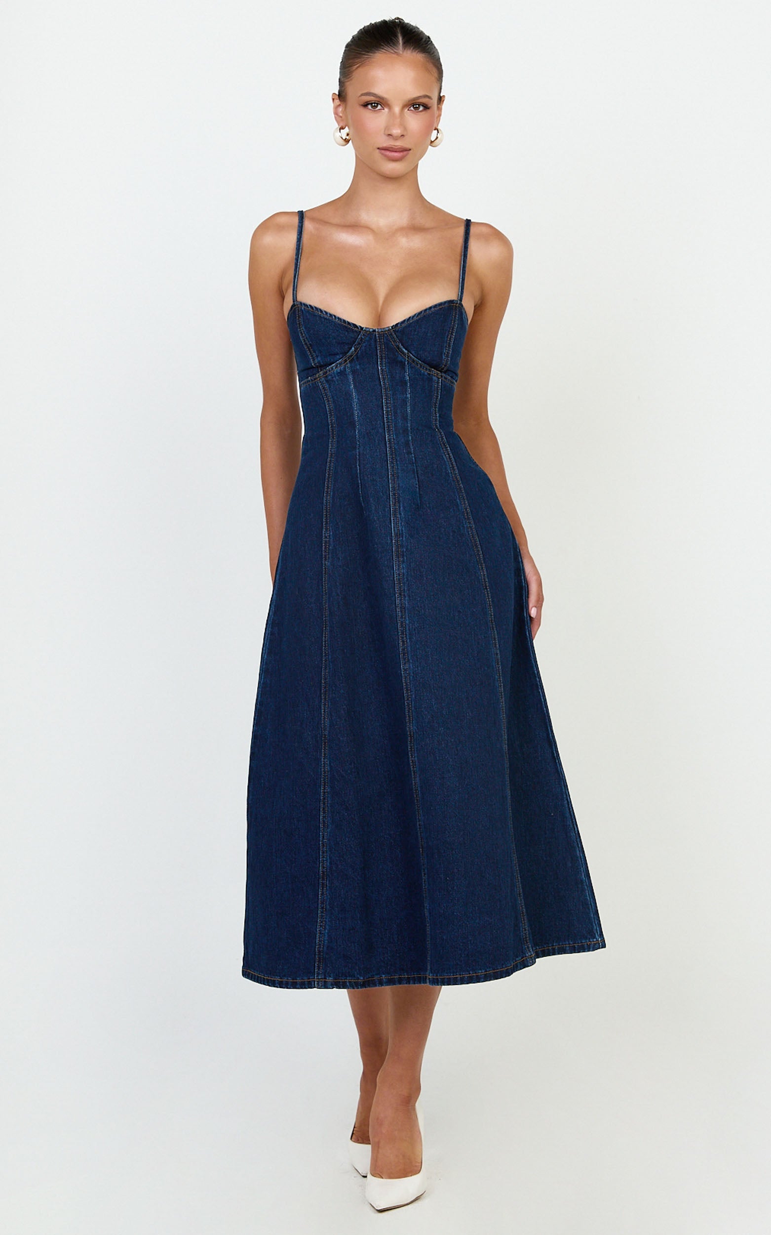 Prisha Midi Elbise - İndigo Yıkamalı Geri Dönüştürülmüş Denim Fit & Flare Elbise