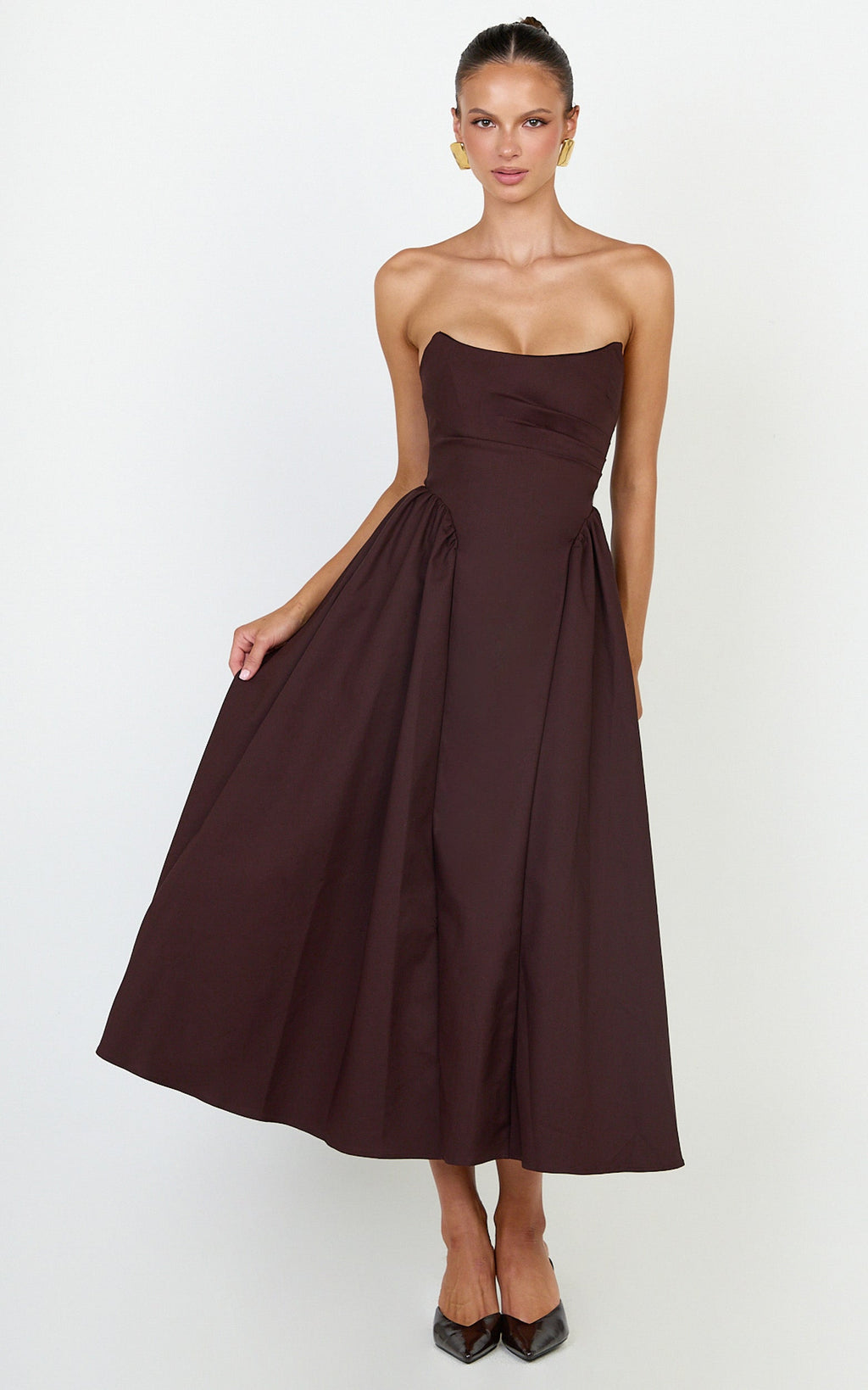 Amara Midi Elbise - Çikolata Straplez Fit & Flare Elbise