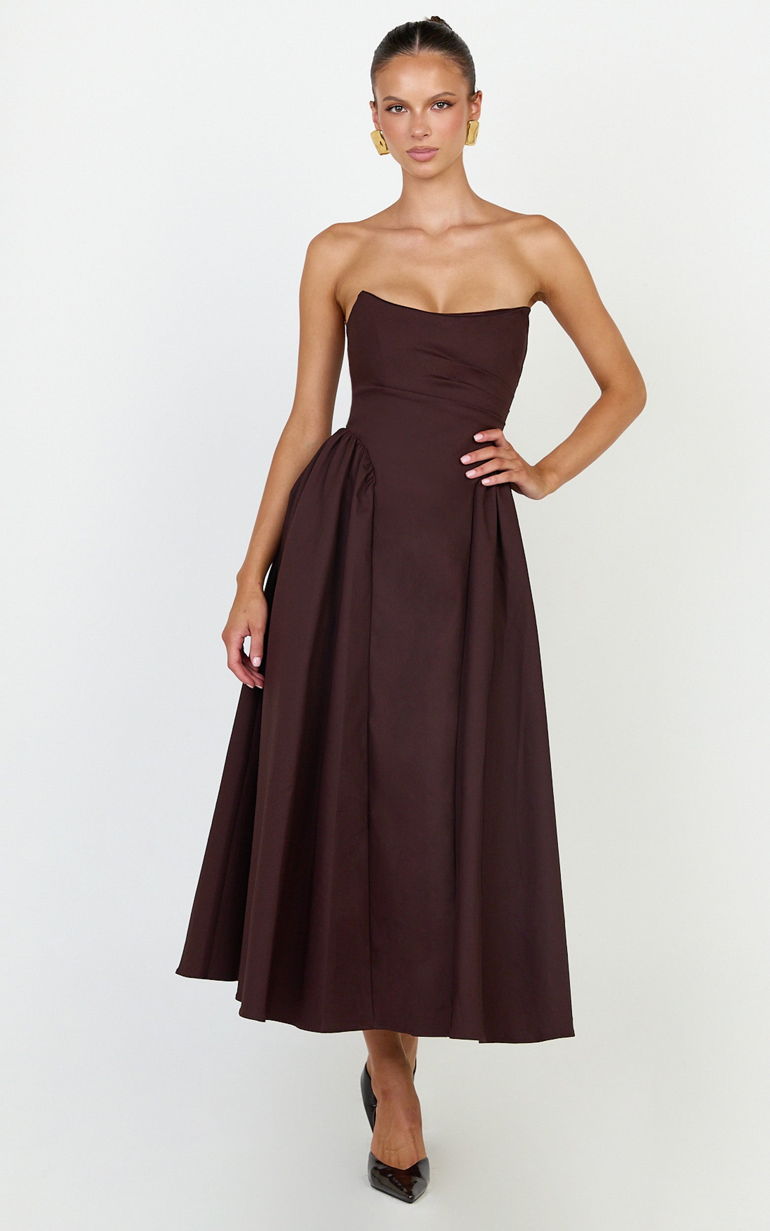 Amara Midi Elbise - Çikolata Straplez Fit & Flare Elbise