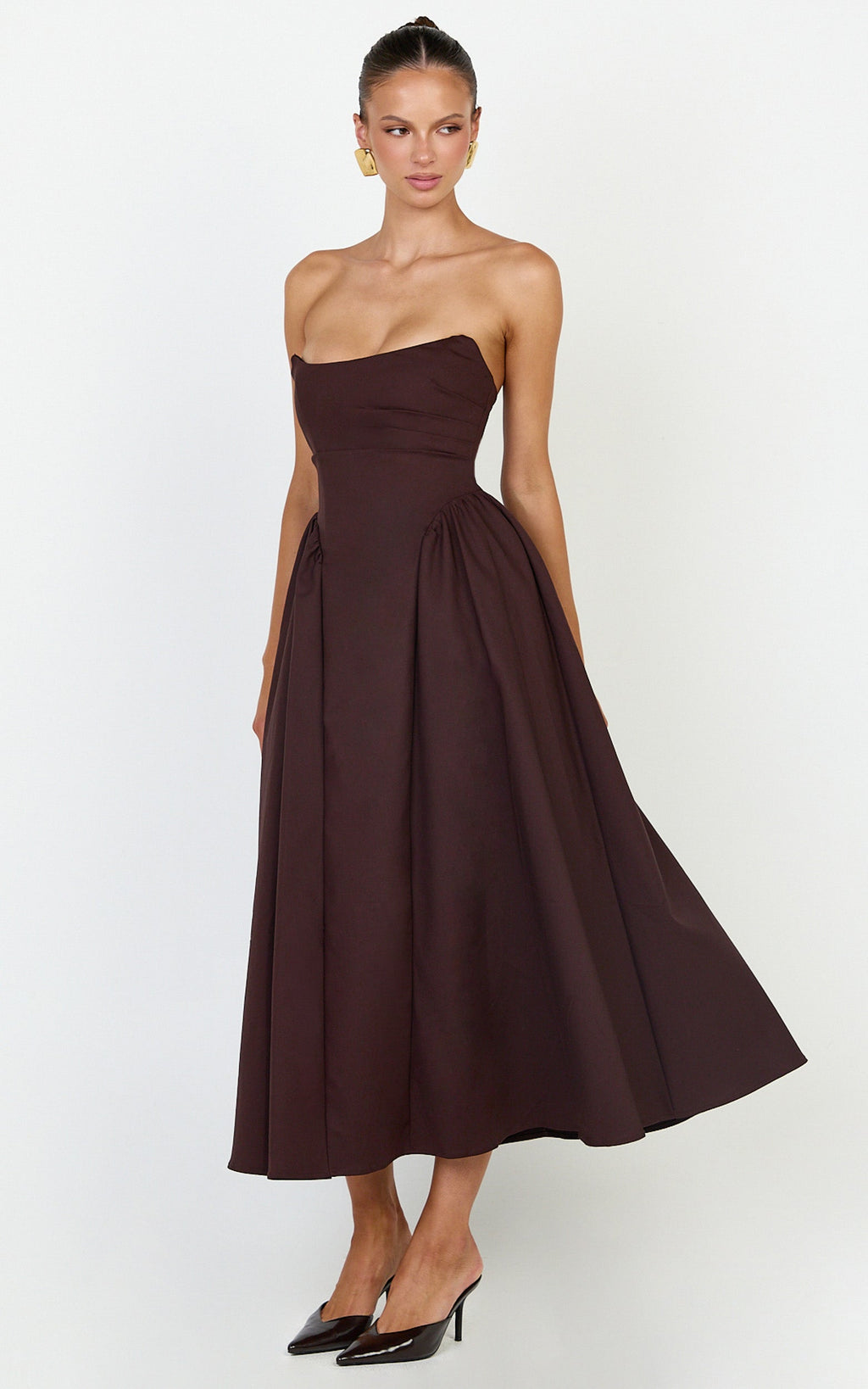Amara Midi Elbise - Çikolata Straplez Fit & Flare Elbise