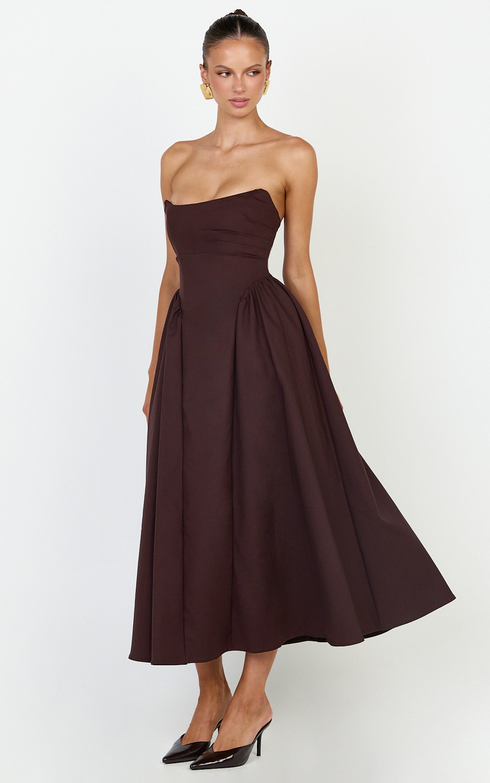 Amara Midi Elbise - Çikolata Straplez Fit & Flare Elbise