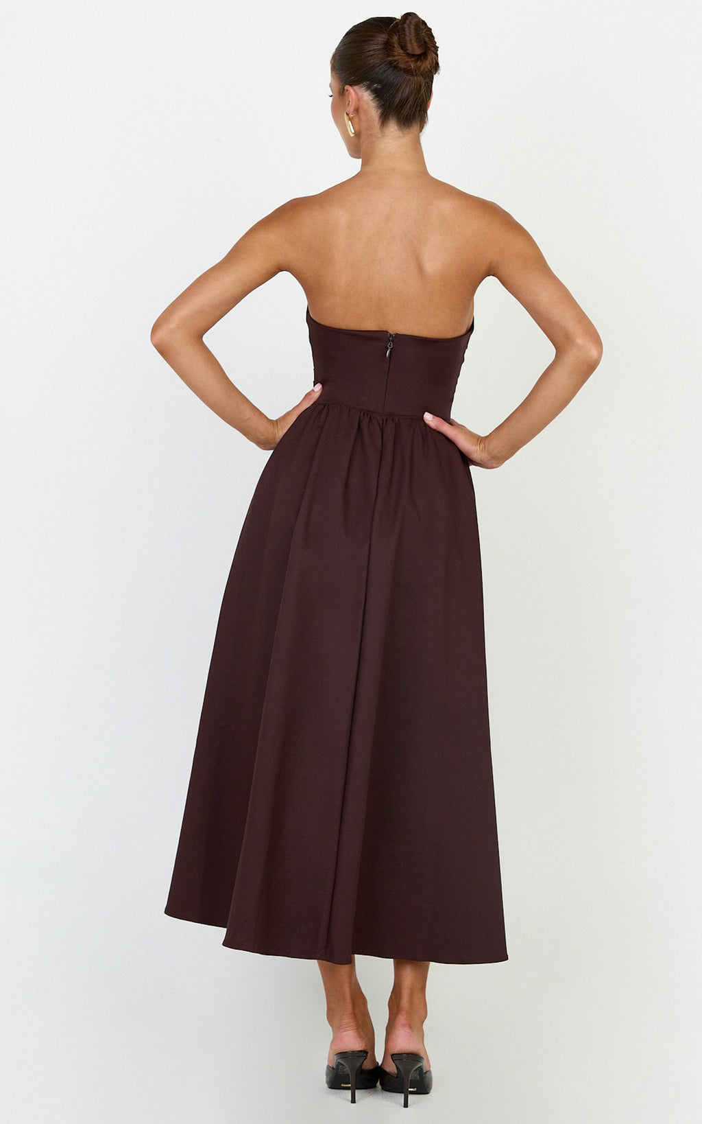 Amara Midi Elbise - Çikolata Straplez Fit & Flare Elbise
