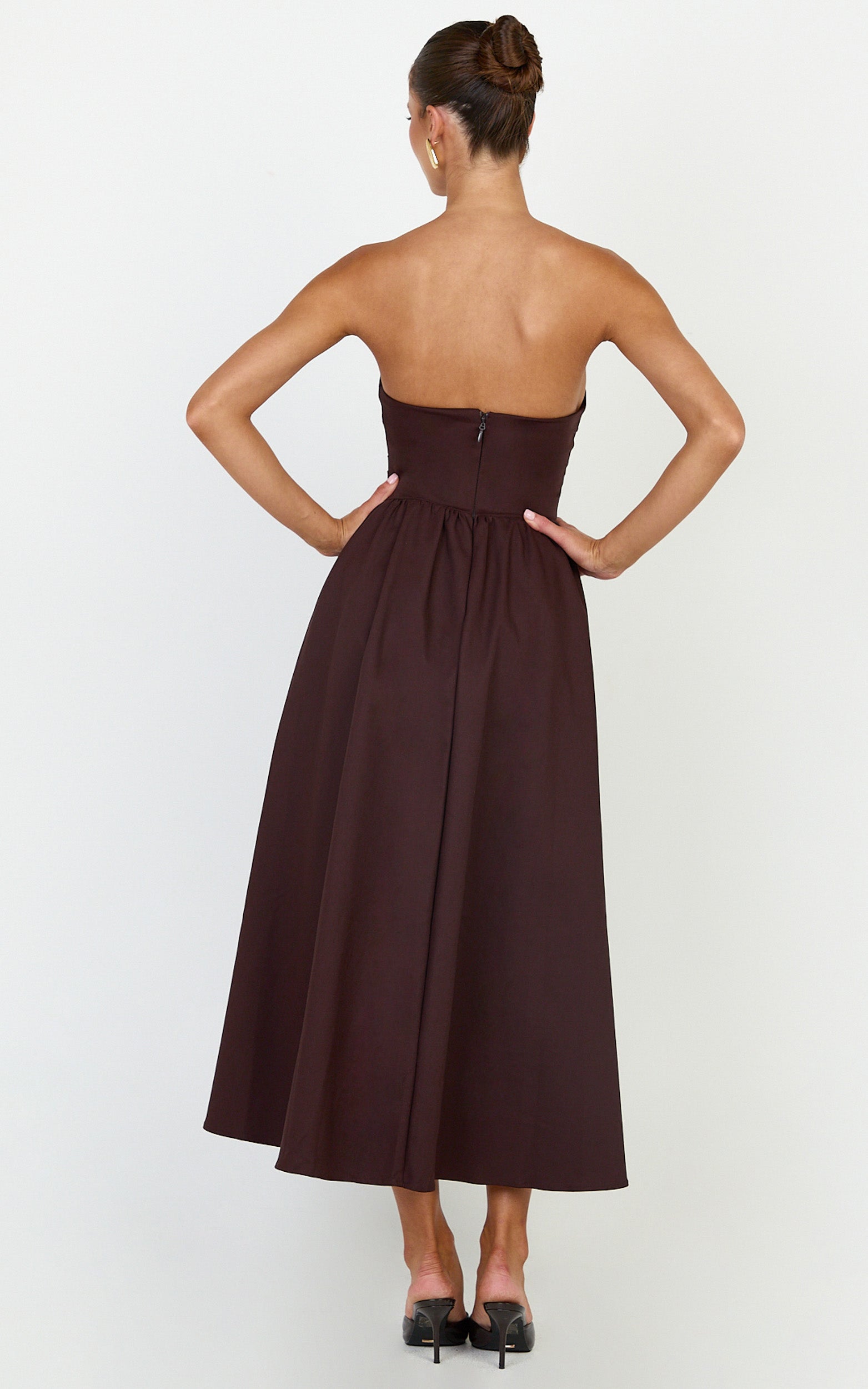 Amara Midi Elbise - Çikolata Straplez Fit & Flare Elbise