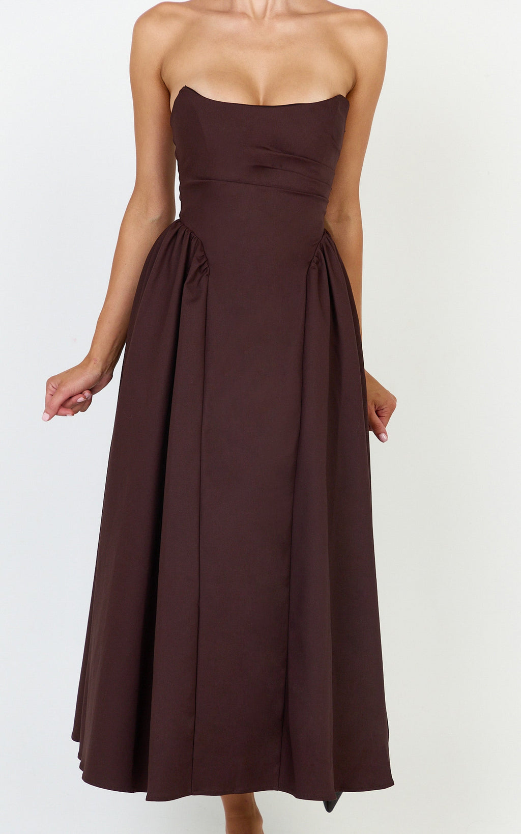 Amara Midi Elbise - Çikolata Straplez Fit & Flare Elbise